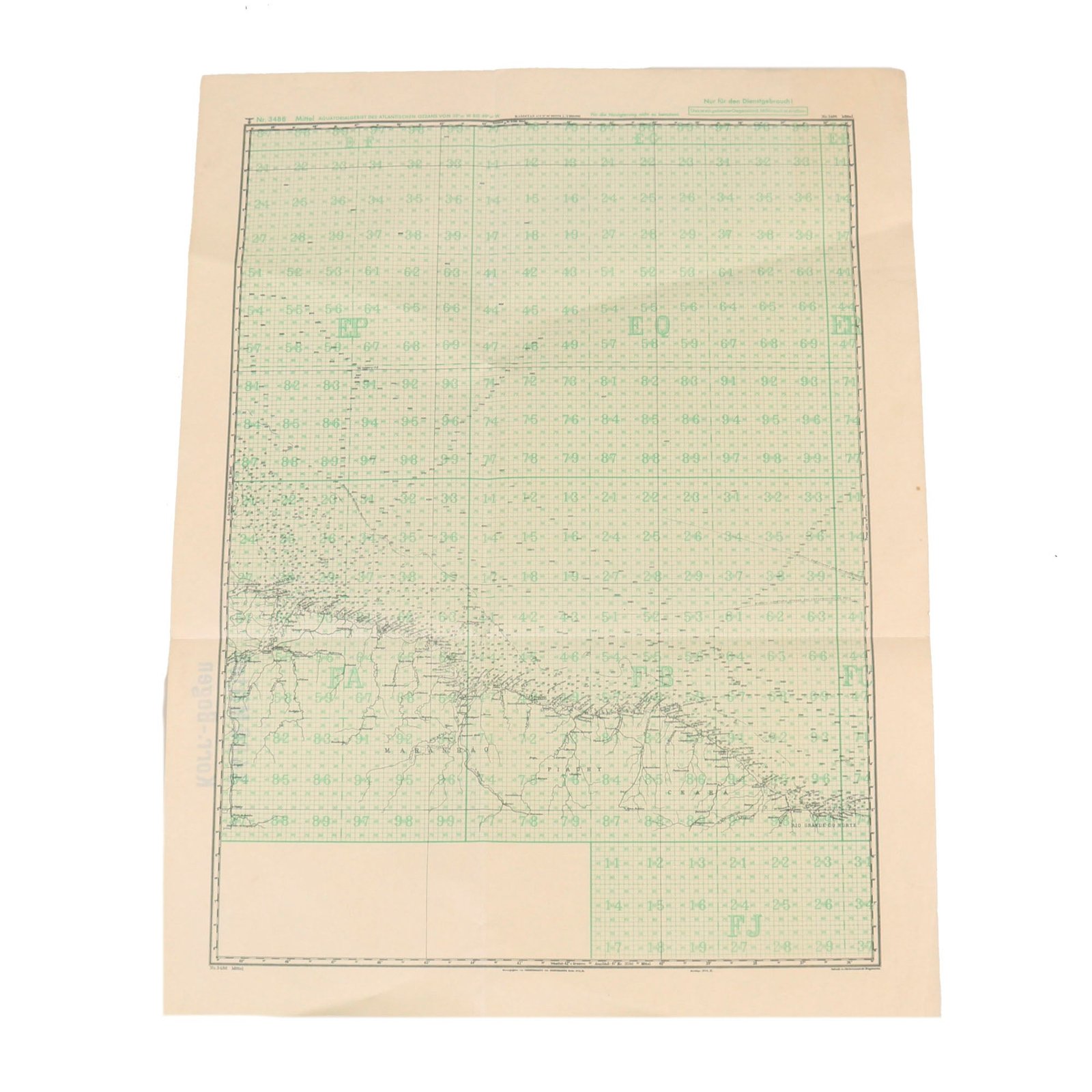 Buy Original German WWII Kriegsmarine Map Chart of Center Equatorial Area of the Atlantic Ocean / Edge of South America - Dated 1944 - 18 x 23” | Original Firearms Antique For Sale