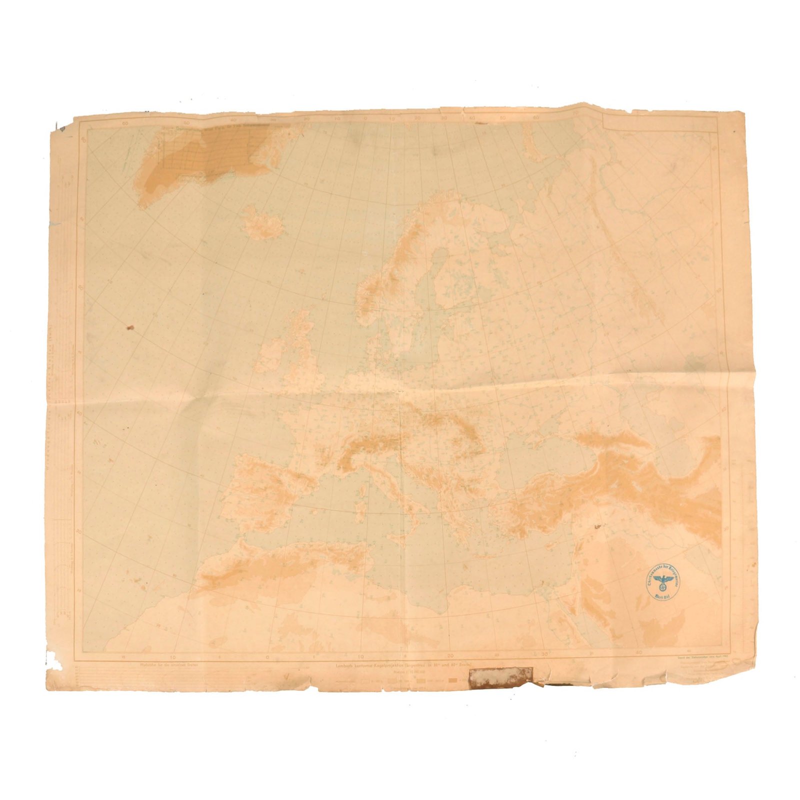 Buy Original German WWII Kriegsmarine Windage Map of Europe & Northern Africa - KM Stamps - 25 x 32” - Dated April 1943 | Original Firearms Antique For Sale