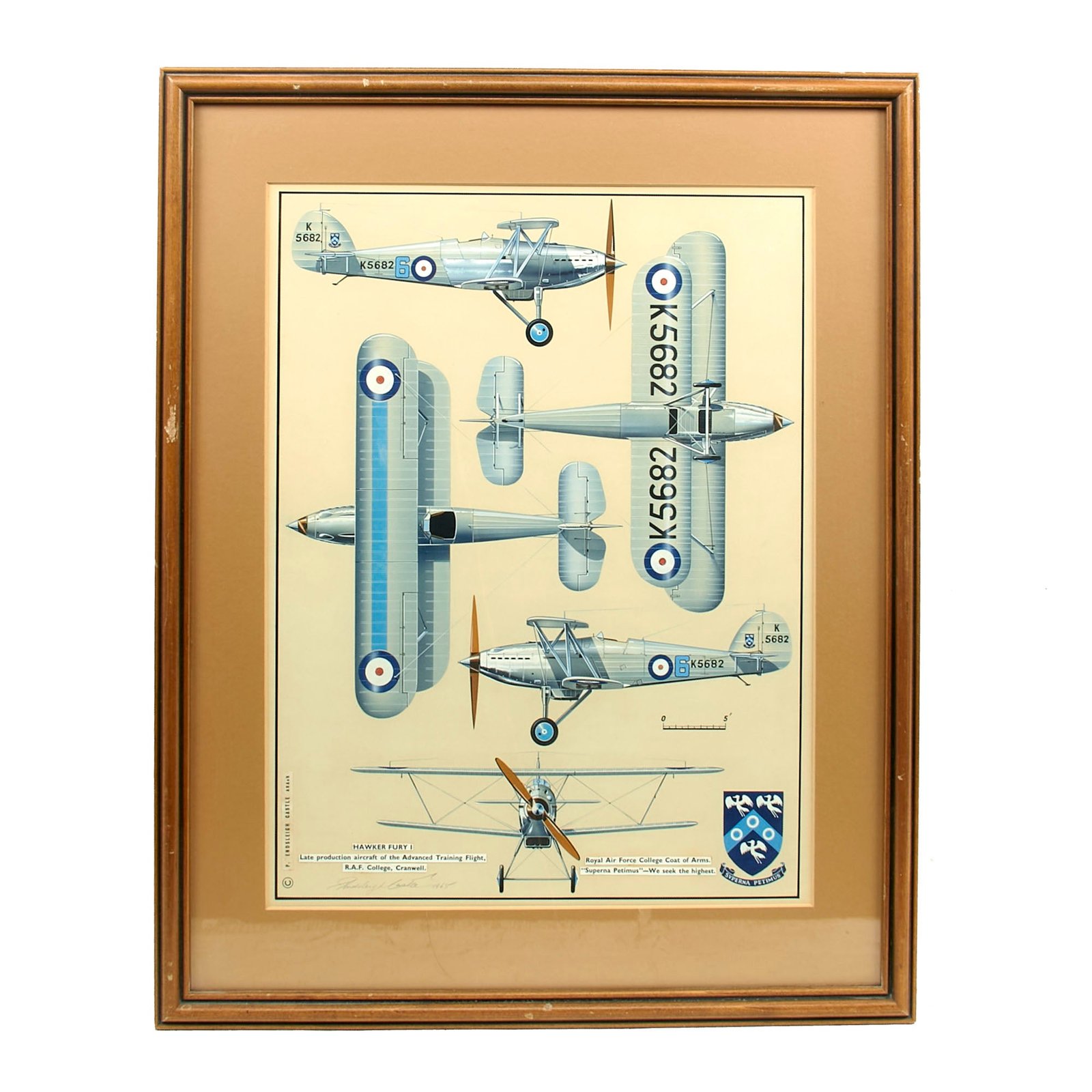 Buy Original British Post-WWII Hawker Fury I Peter Endsleigh Castle Framed Painting Illustration - Dated 1965 - 19 x 23” | Original Firearms Antique For Sale
