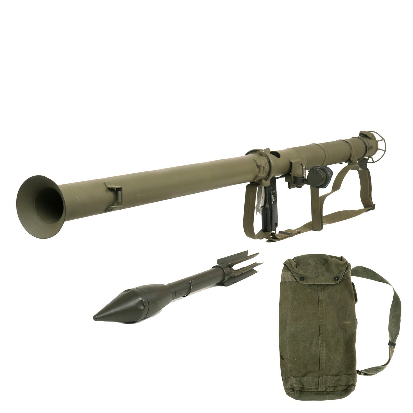 Buy Original U.S. WWII Deactivated M9A1 Bazooka Anti-Tank Rocket Launcher Serial 92676 with Inert Rocket and 1944 Dated Rocket Carrier | Original Firearms Antique For Sale