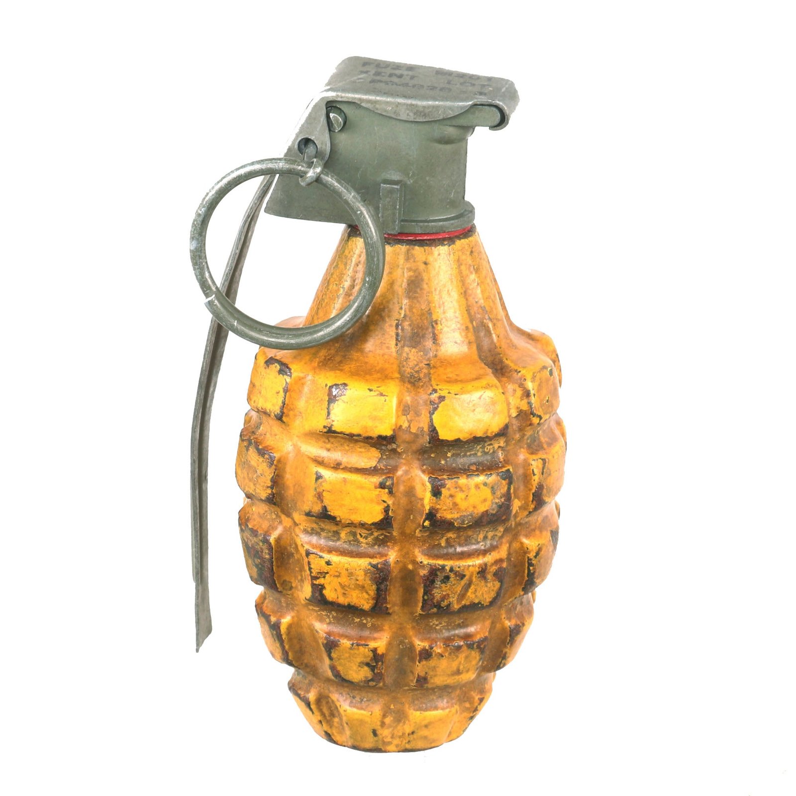 Buy Original U.S. WWII Inert MkII Yellow Early War High Explosive Pineapple Grenade with M201 Fuse | Original Firearms Antique For Sale