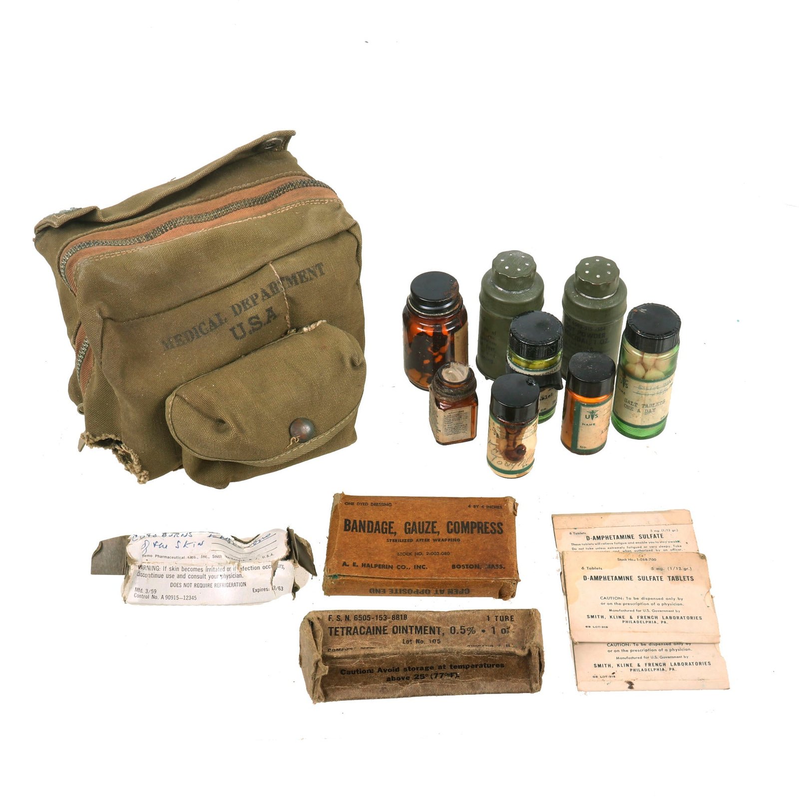 Buy Original U.S. WWII Medical Department Zipper Pouch with Contents - Marked 6351st USAF Dispensary | Original Firearms Antique For Sale