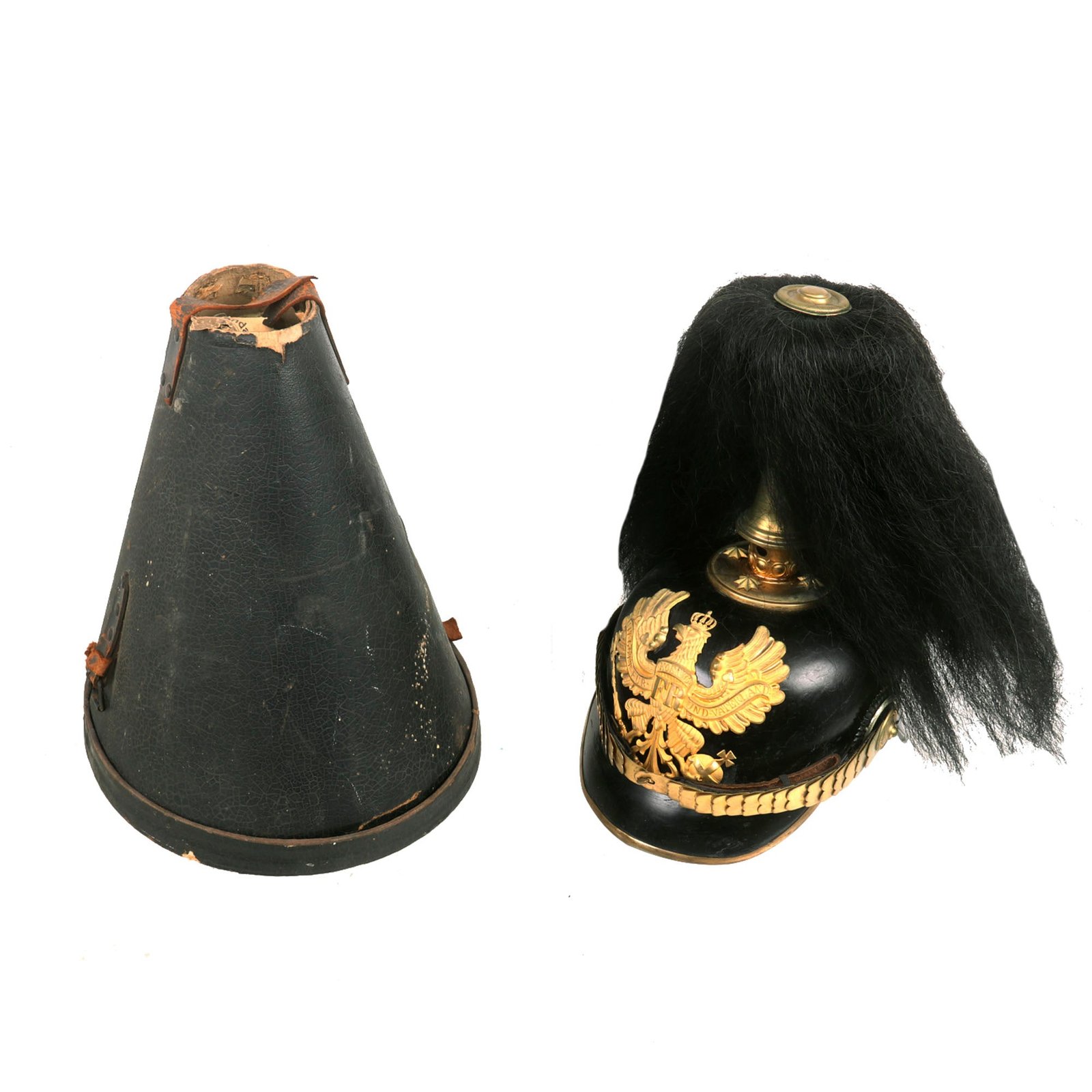 Buy Original WWI Imperial German Prussian Infantry Officer Model 1897 Pickelhaube Leather Helmet with Black Plume Bush & Case | Original Firearms Antique For Sale