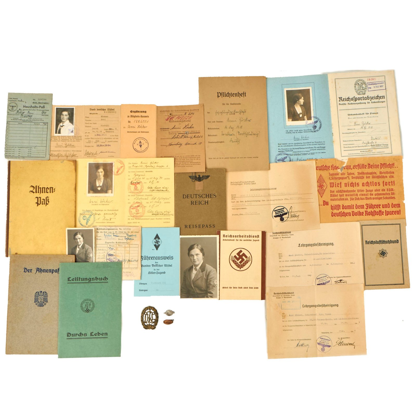 Buy Original German WWII Female Labor Corps Ephemera Grouping - DRL Badge | Original Firearms Antique For Sale