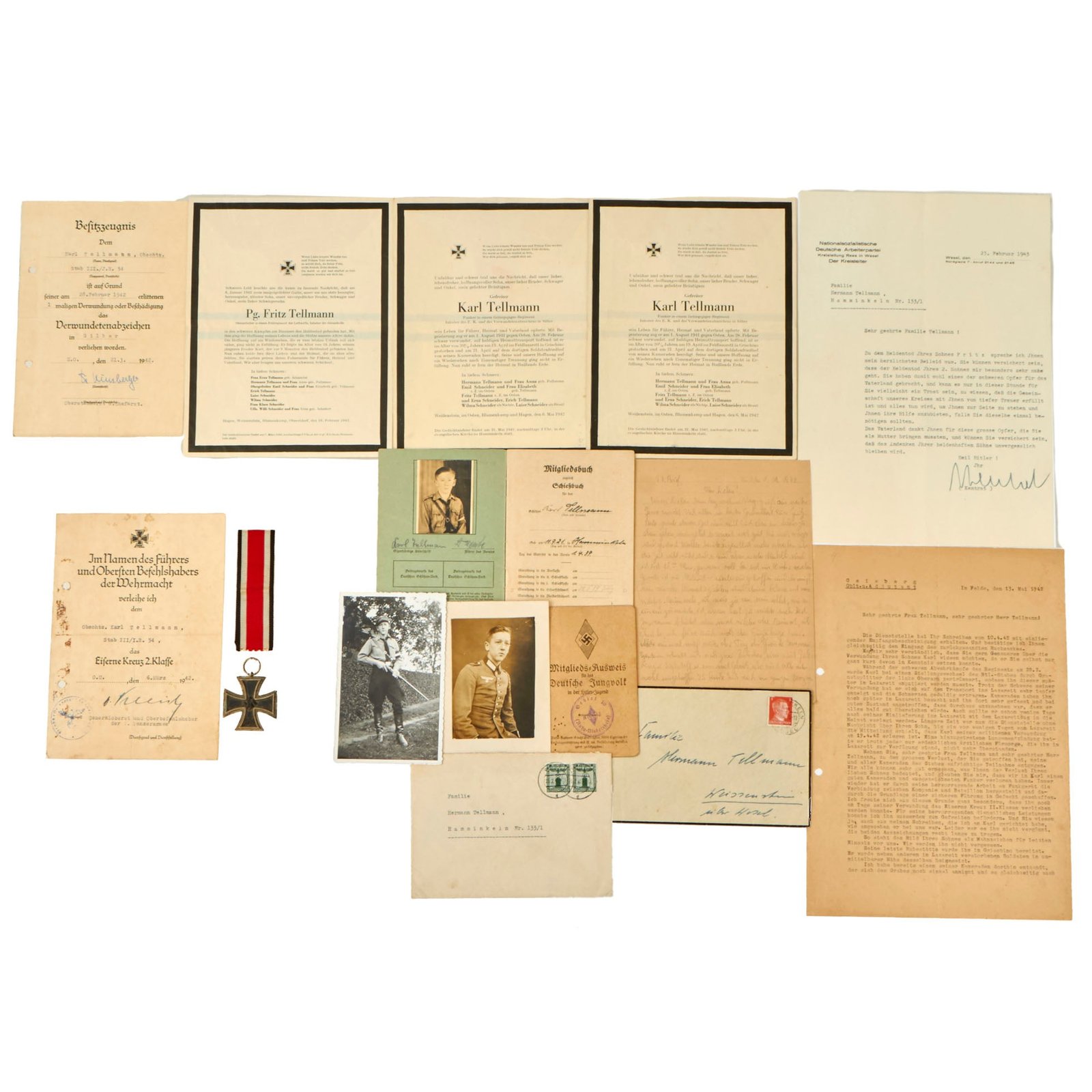 Buy Original German WWII KIA Brothers Medal & Document Grouping - HJ Material & Iron Cross 2nd Class | Original Firearms Antique For Sale