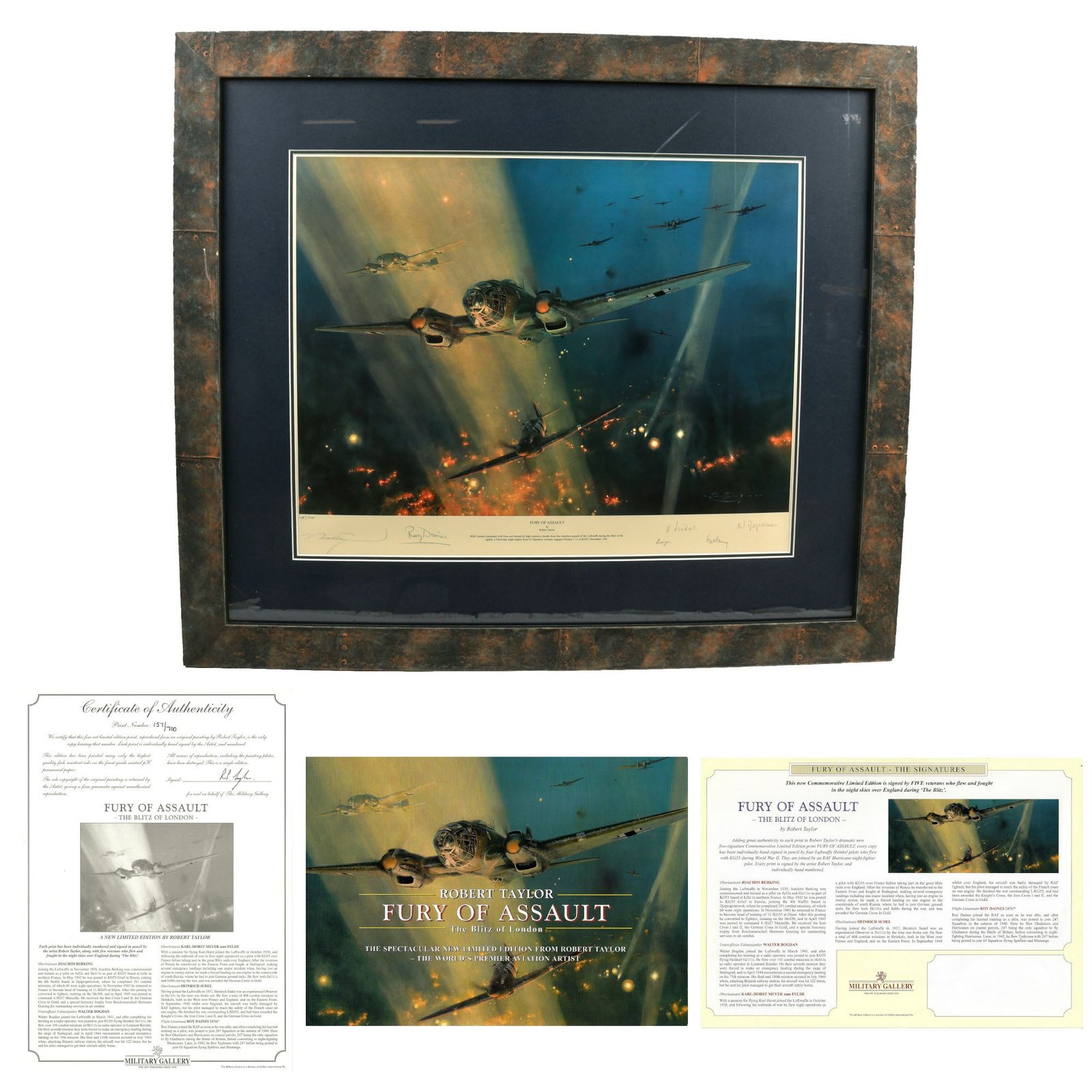 Buy Original Artwork Print: “Fury of Assault” Painting of Heinkel He 111 Bombers over England; Signed by Artist, 4 Luftwaffe Pilots, and 1 RAF Pilot - 33 ½" x 28 ¾", in Museum Grade Frame | Original Firearms Antique For Sale