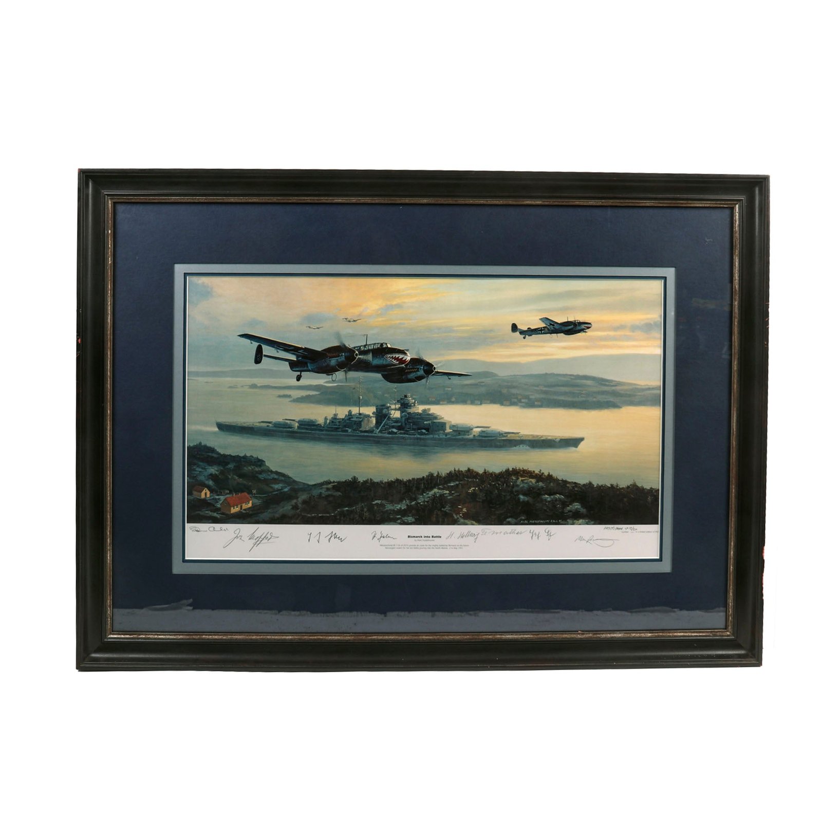 Buy Original Artist's Proof Print: “Bismarck into Battle” Painting Leaving Grimstadfjord in Norway; Signed by Artist, Me110 Pilot, 4 Bismarck Survivors, and 2 RAF Swordfish Pilots - 35 ½" x 25", in Museum Grade Frame | Original Firearms Antique For Sale