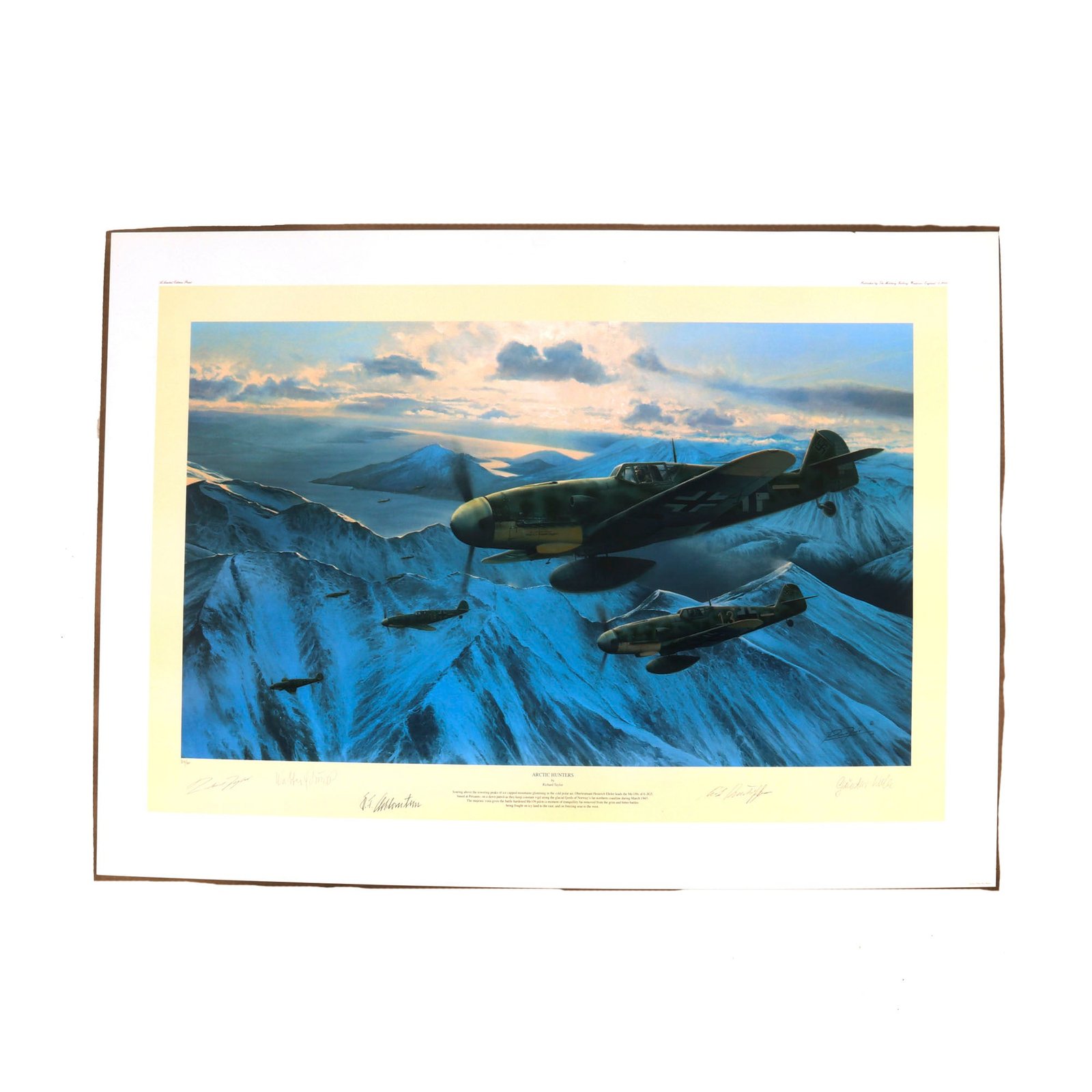 Buy Original Artwork Print: “Arctic Hunters” Painting of German Me109 Aircraft over Norway; Signed by Artist and 4 German WWII Luftwaffe Veterans - 33 ⅞” x 23 ¼” | Original Firearms Antique For Sale