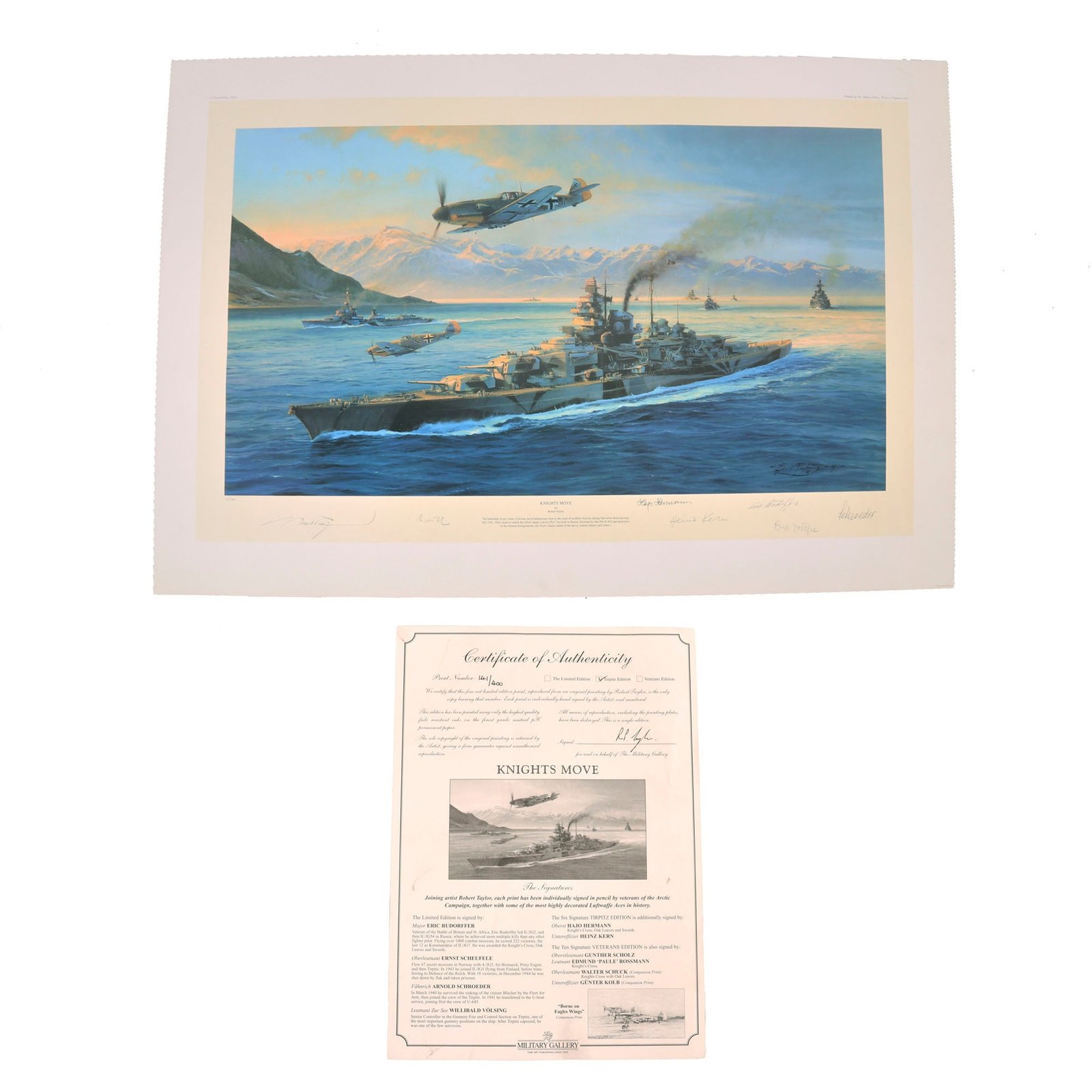 Buy Original Artwork Print: “Knights Move” Painting of The Battleship Tirpitz during Operation Rösselsprung; Signed by Artist and 6 WWII German Kriegsmarine Veterans - 35 ¾” × 23 ⅝” | Original Firearms Antique For Sale