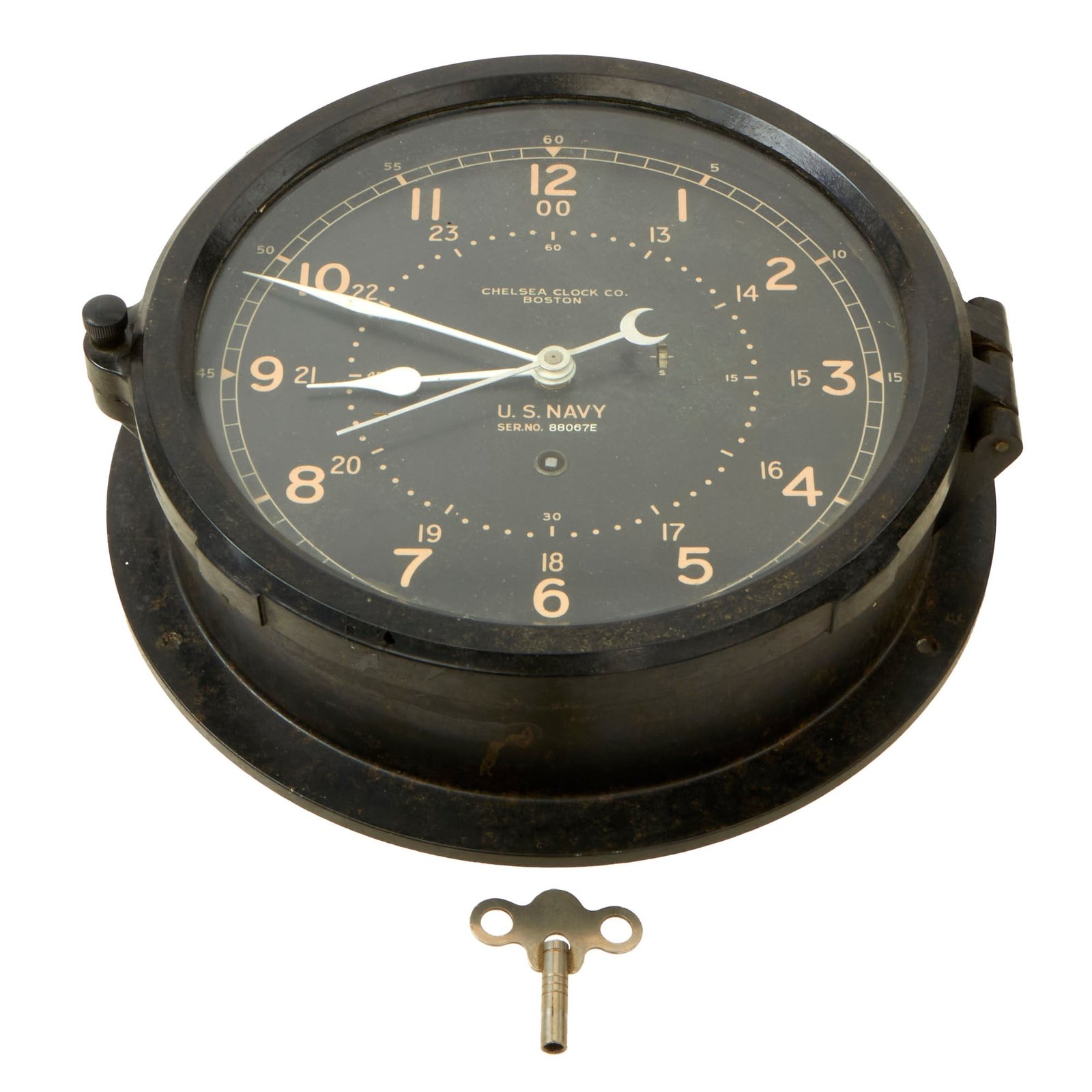 Buy Original U.S. WWII US Navy 24 Hour Ship’s Clock with Original Winding Key by the Chelsea Clock Company - 1940 to 1944 Production - Fully Functional | Original Firearms Antique For Sale