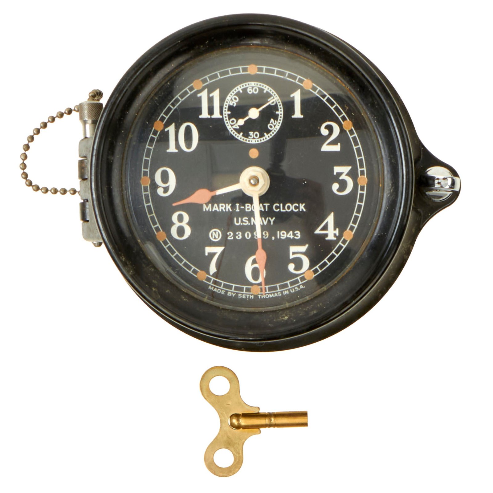 Buy Original WWII U.S. Navy Type Mark I Boat Clock by Seth Thomas with Winding Key - Dated 1943 - Fully Functional | Original Firearms Antique For Sale