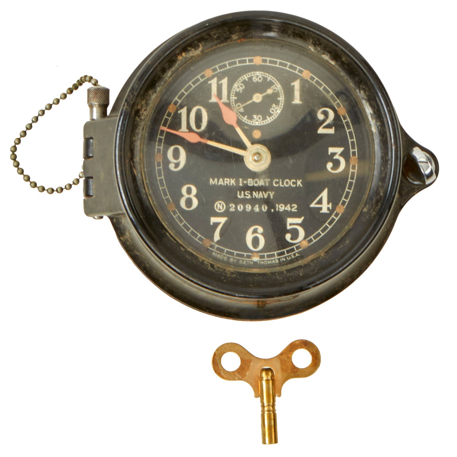 Buy Original WWII U.S. Navy Type Mark I Boat Clock by Seth Thomas with Winding Key - Dated 1942 - Fully Functional | Original Firearms Antique For Sale