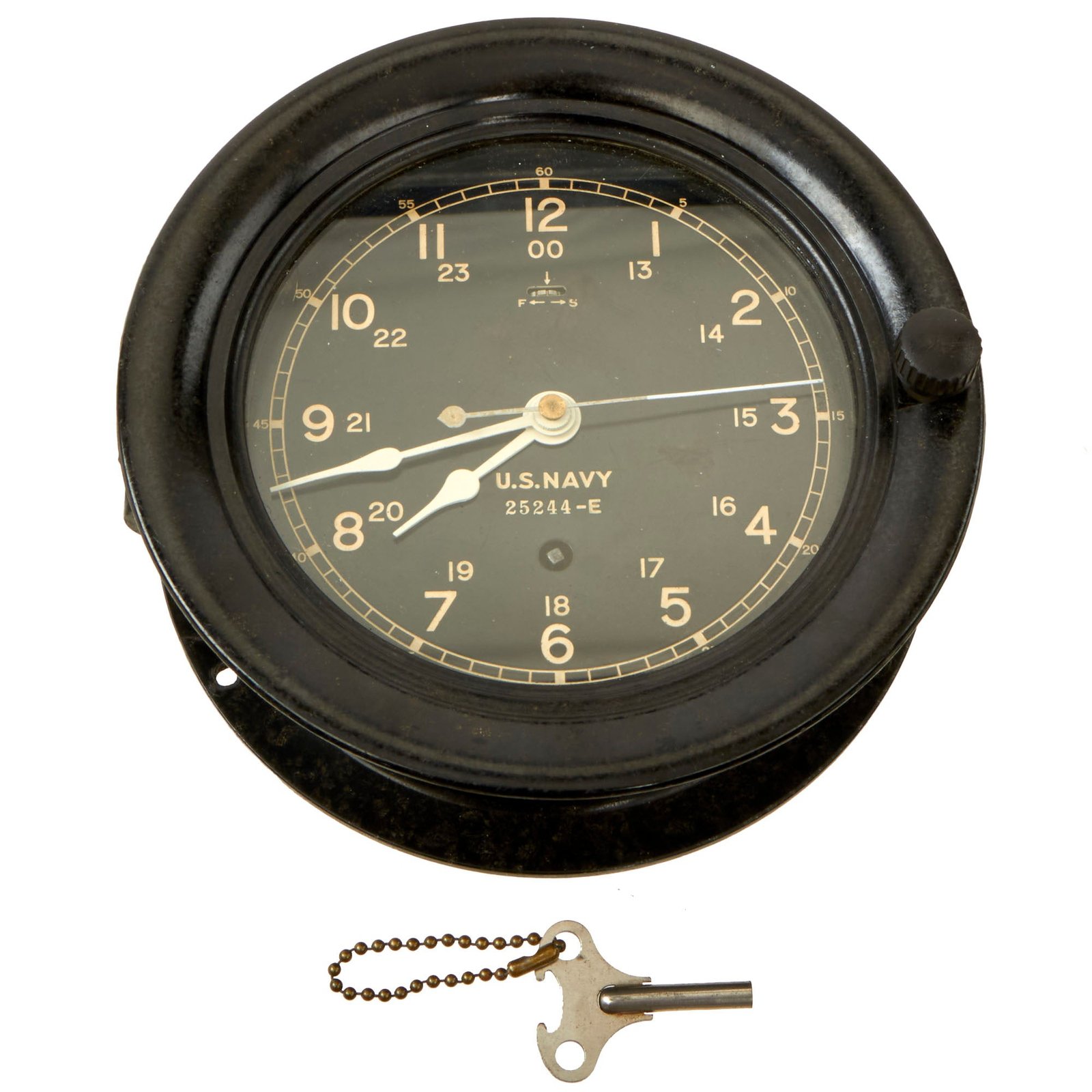 Buy Original U.S. WWII US Navy 24 Hour Ship’s Clock by the Seth Thomas Clock Company Dated October 1943 with Key - Functional | Original Firearms Antique For Sale