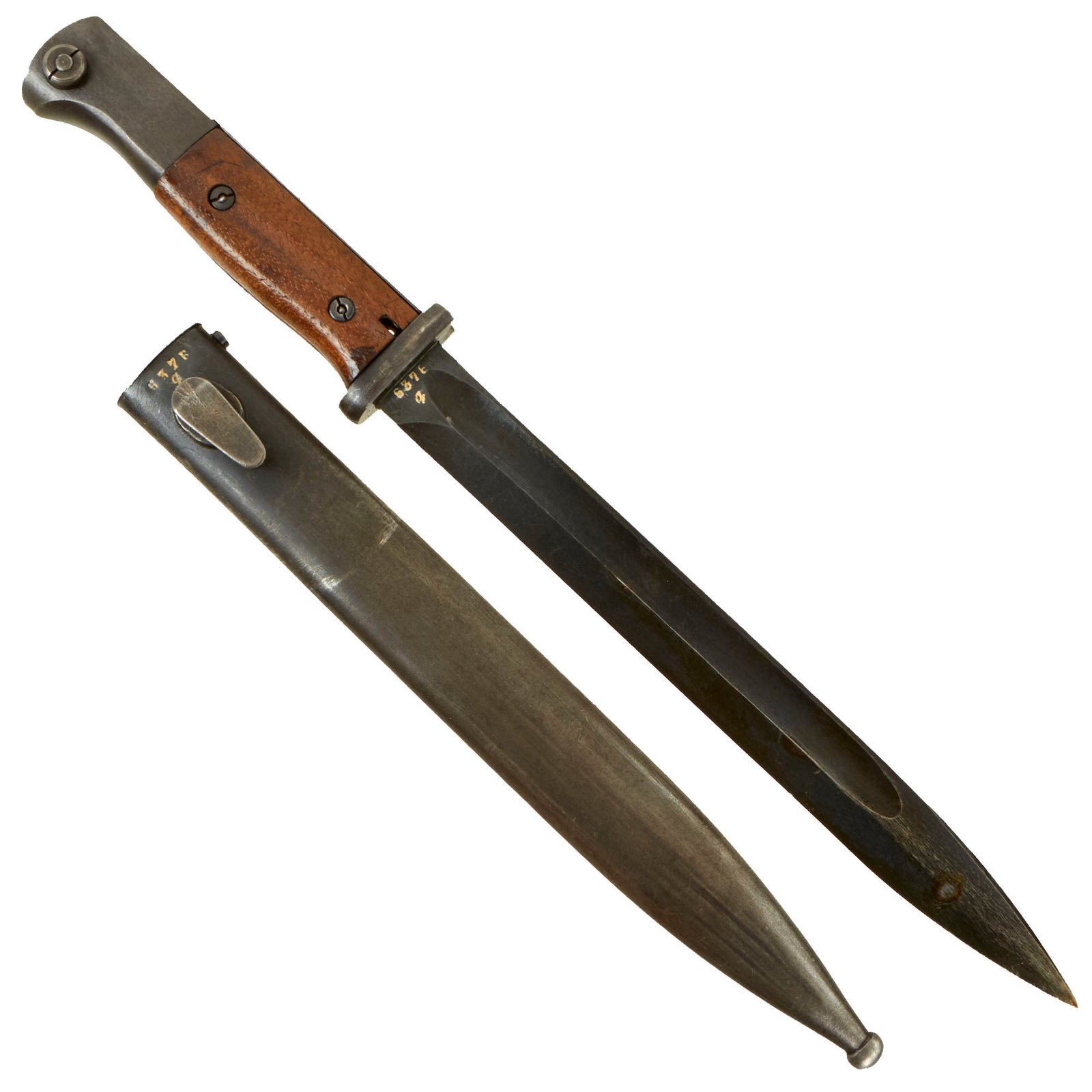 Buy Original Excellent French Made German WWII 98k 1943 dated Bayonet by Châtellerault with Scabbard - Matching Serial 6376 q | Original Firearms Antique For Sale