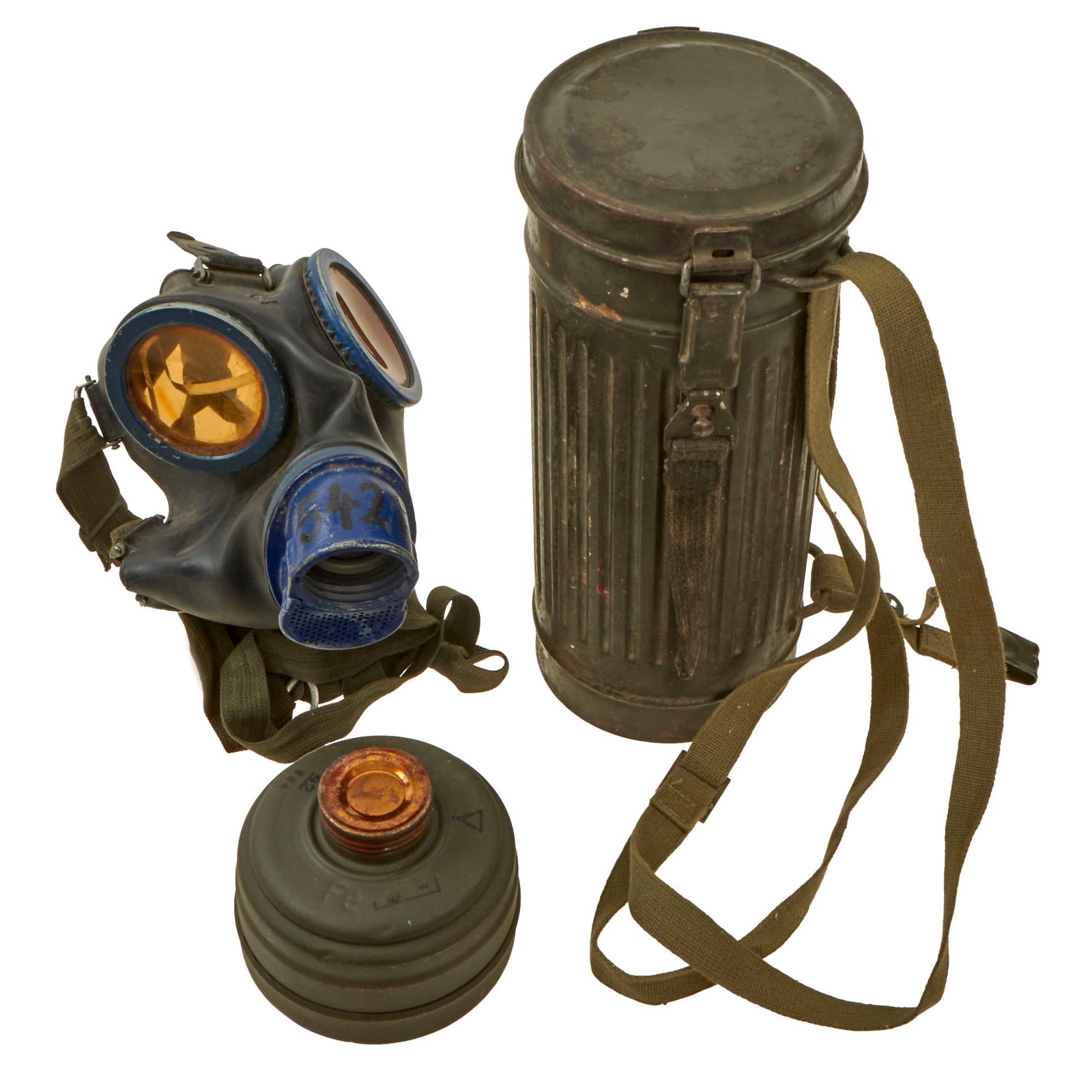 Buy Original German WWII Named M30 3rd Model Size 2 Gas Mask with Fe 41 Filter and Canister by Auer-Gesellschaft AG, Werk Oranienburg - Dated 1943 & 1944 | Original Firearms Antique For Sale