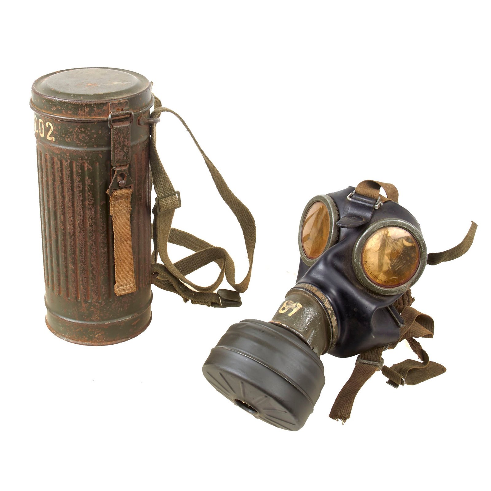 Original German WWII M38 Size 3 Gas Mask with Unissued Fe 41 Filter and Canister - Dated 1942