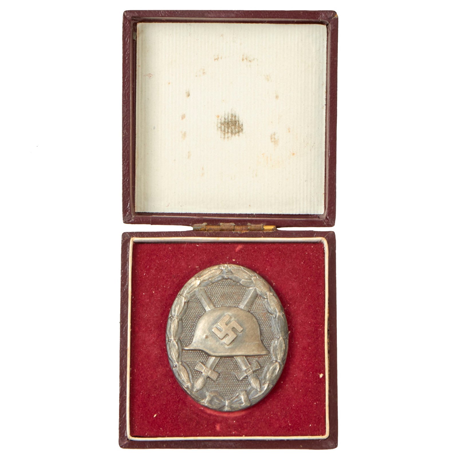 Buy Original German WWII Silver Wound Badge in Original Maroon Case - Unmarked | Original Firearms Antique For Sale