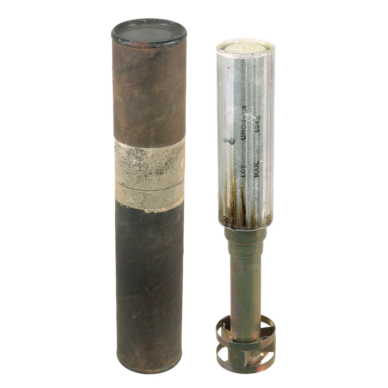 Buy Original U.S. WWII Inert M17A1 Amber Star Signal Parachute Flare in Tube - Dated March 1945 | Original Firearms Antique For Sale