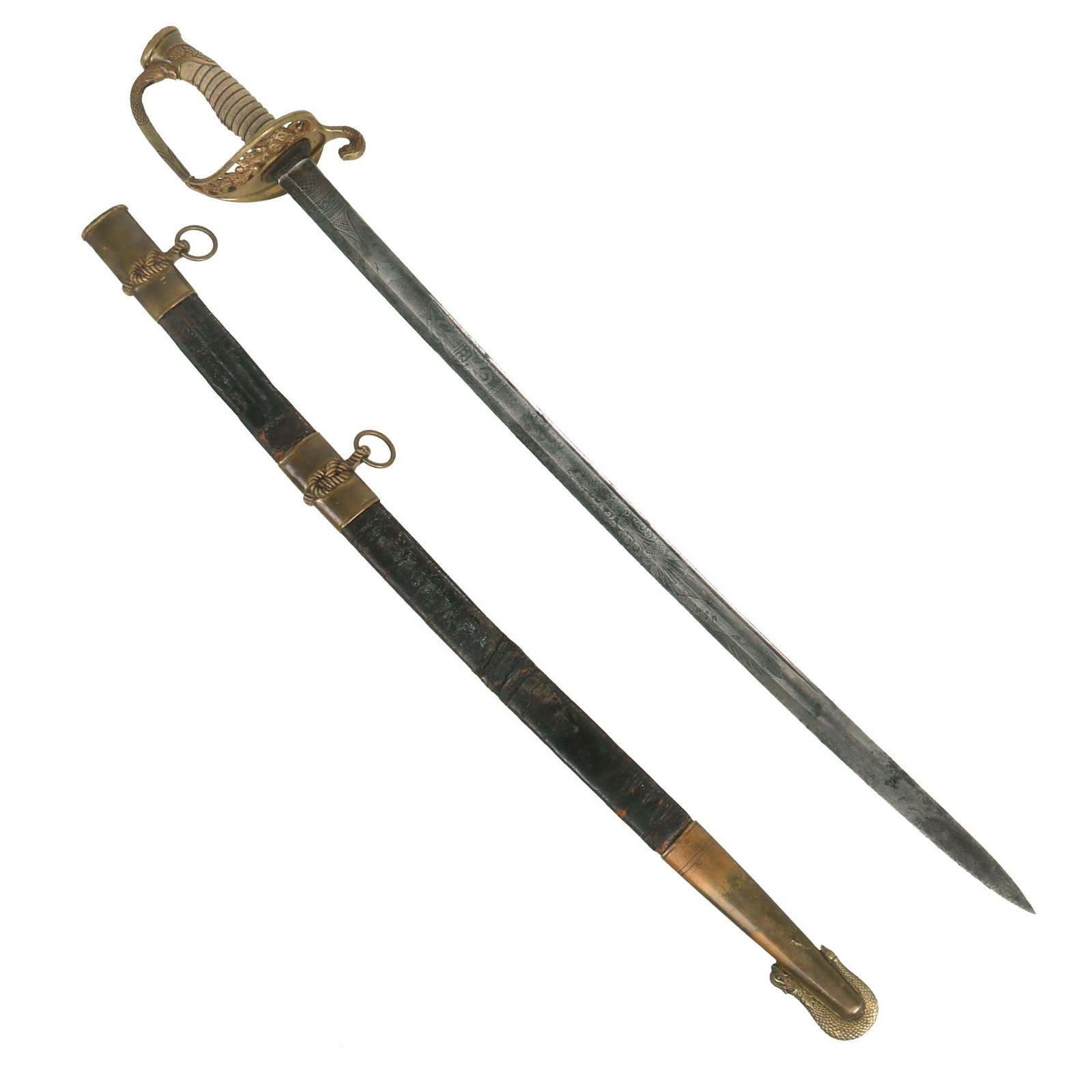 Buy Original U.S. Civil War Model 1852 Officer’s Sword with Triple Etched French Blade by Klingenthal and Leather Scabbard | Original Firearms Antique For Sale