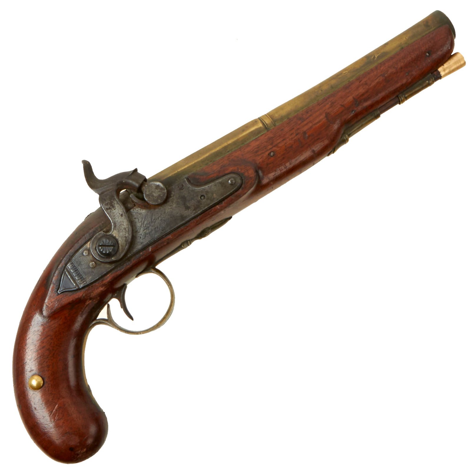 Buy Original British Brass Barrel Fur-Trade Pistol Imported by Hodgson & Thompson Converted to Percussion - circa 1800 | Original Firearms Antique For Sale