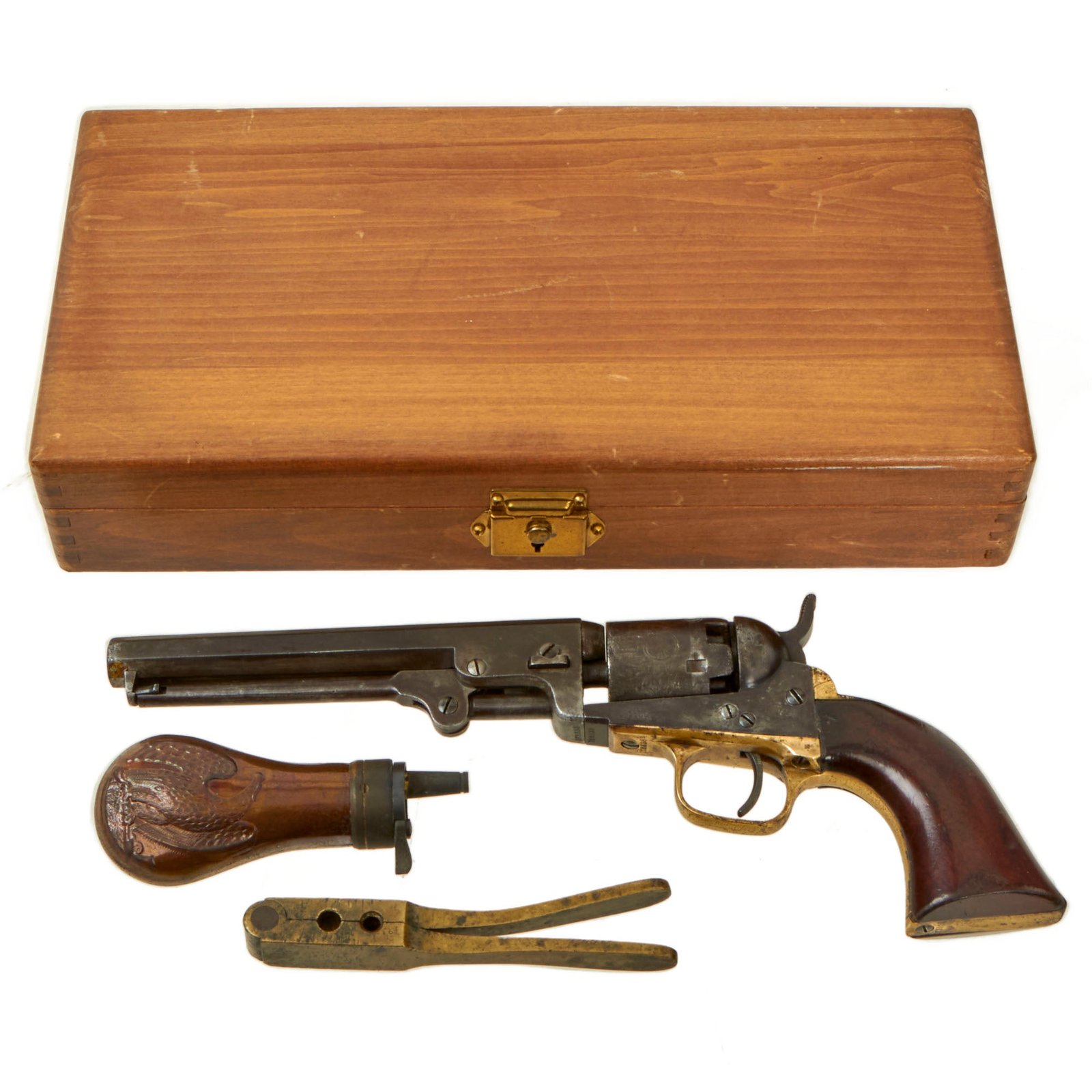 Buy Original U.S. Civil War Cased Colt M1849 Pocket Percussion 6" Barrel Revolver with Cylinder Scene made in 1860 with Accessories - Serial 175338 | Original Firearms Antique For Sale