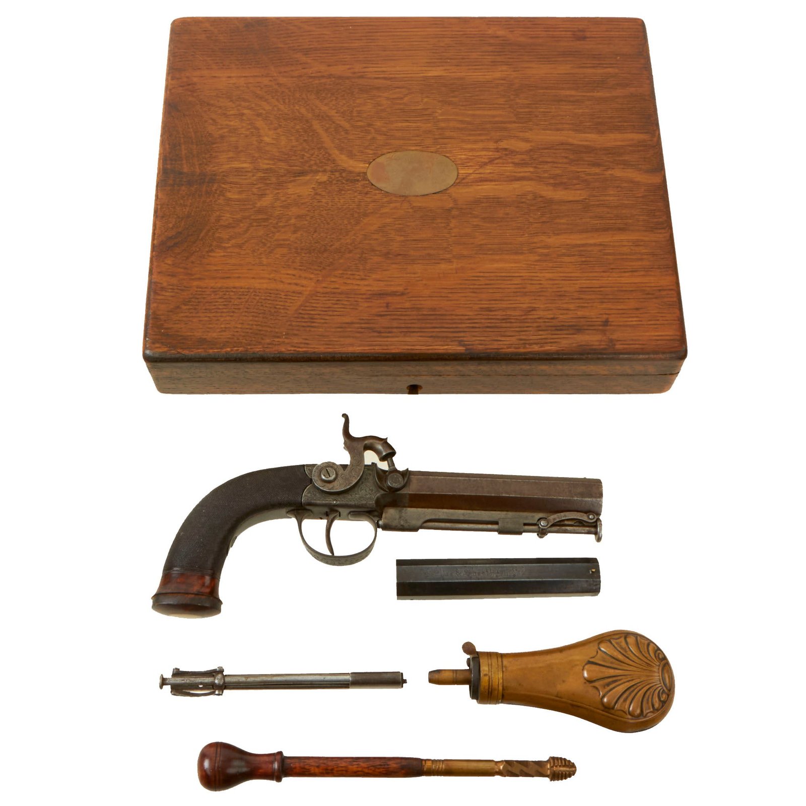 Buy Original Cased British Percussion Overcoat Pistol by William Powell of Birmingham with Spare Rifled Barrel & Accessories - Circa 1840 | Original Firearms Antique For Sale