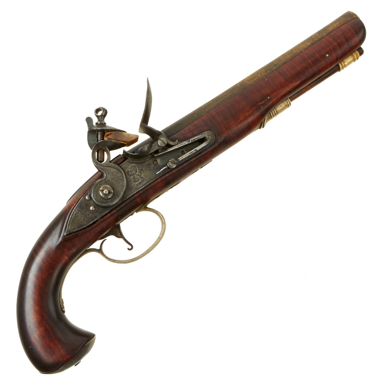 Buy Original British Silver Mounted Officer's Flintlock Pistol with Brass Barrel, Tiger Flame Stock, and EIC Lock Dated 1813 | Original Firearms Antique For Sale
