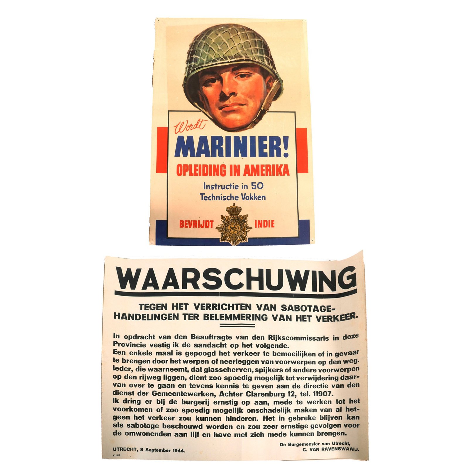 Buy Original Dutch WWII Pair of Posters - Sabotage Warning & American Marine Recruitment - Rare | Original Firearms Antique For Sale