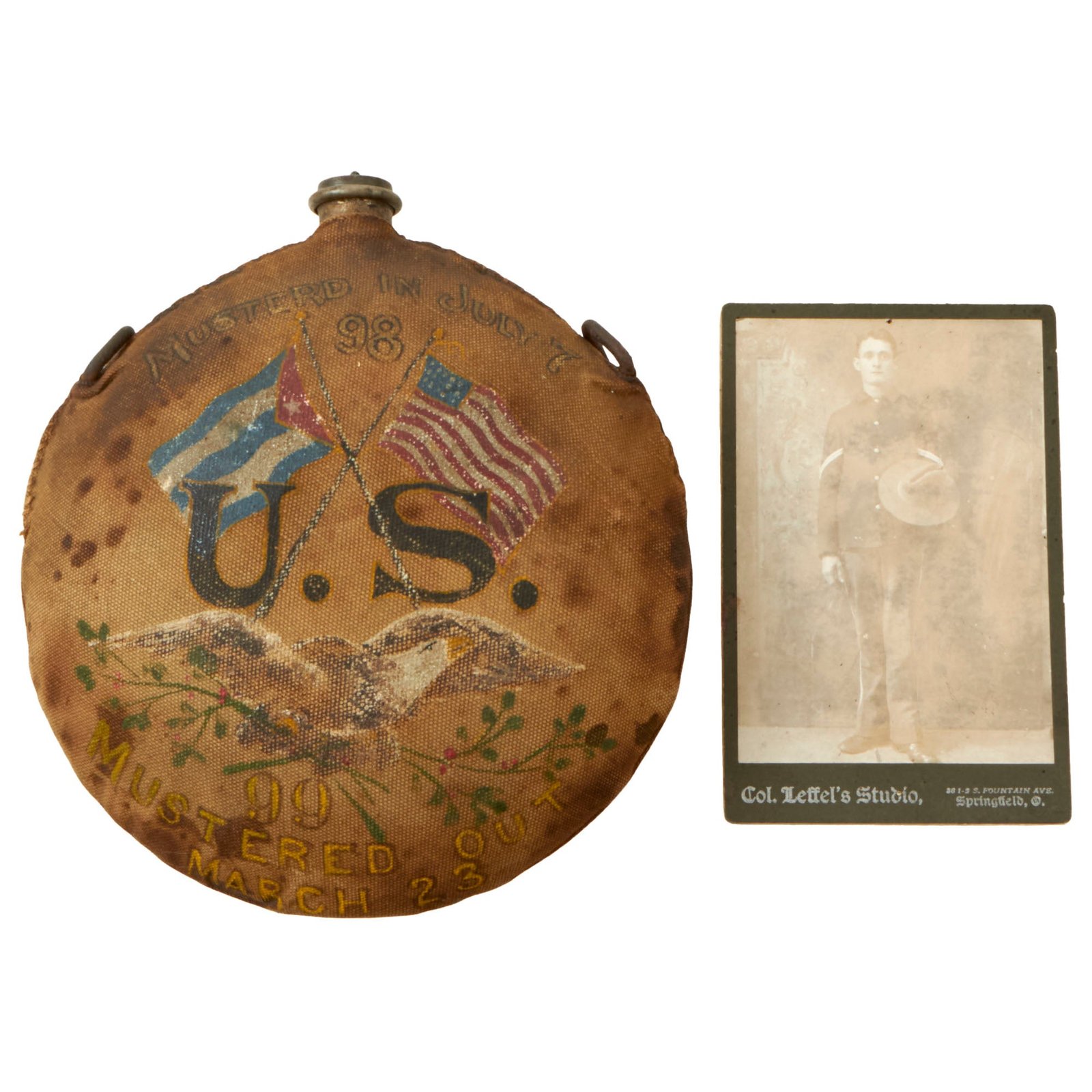 Buy Original U.S. Indian Wars / Spanish-American War M1878 Canteen With Veteran Artwork - Corporal Henry Morris, Company E. 10th Ohio Volunteer Infantry | Original Firearms Antique For Sale