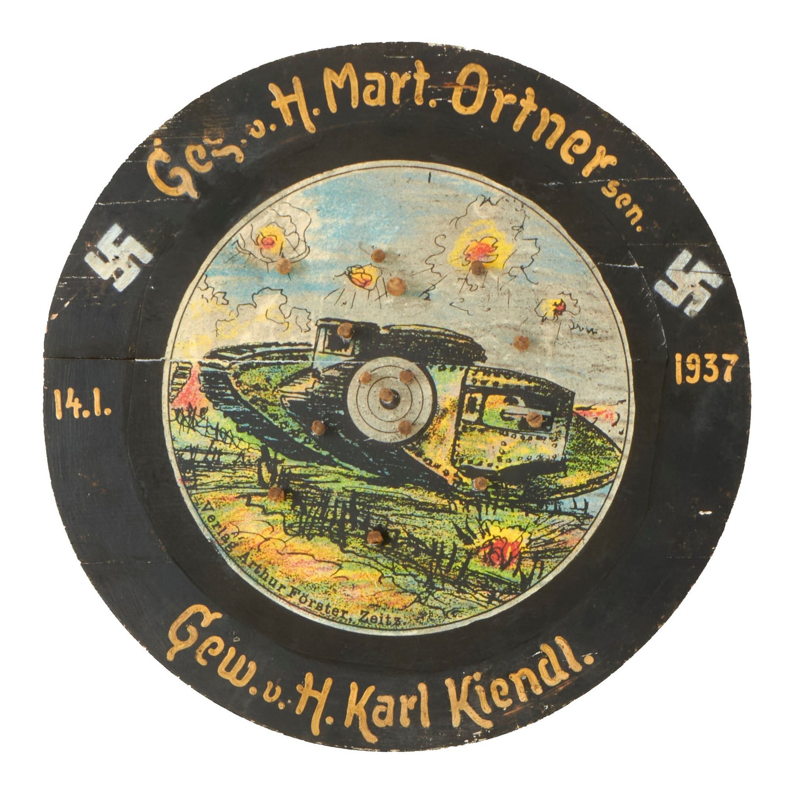 Buy Original German WWII Rifle Training Paper Target with British Mark IV Tank Illustration Mounted on Display Board - 15 1/2" Wide | Original Firearms Antique For Sale