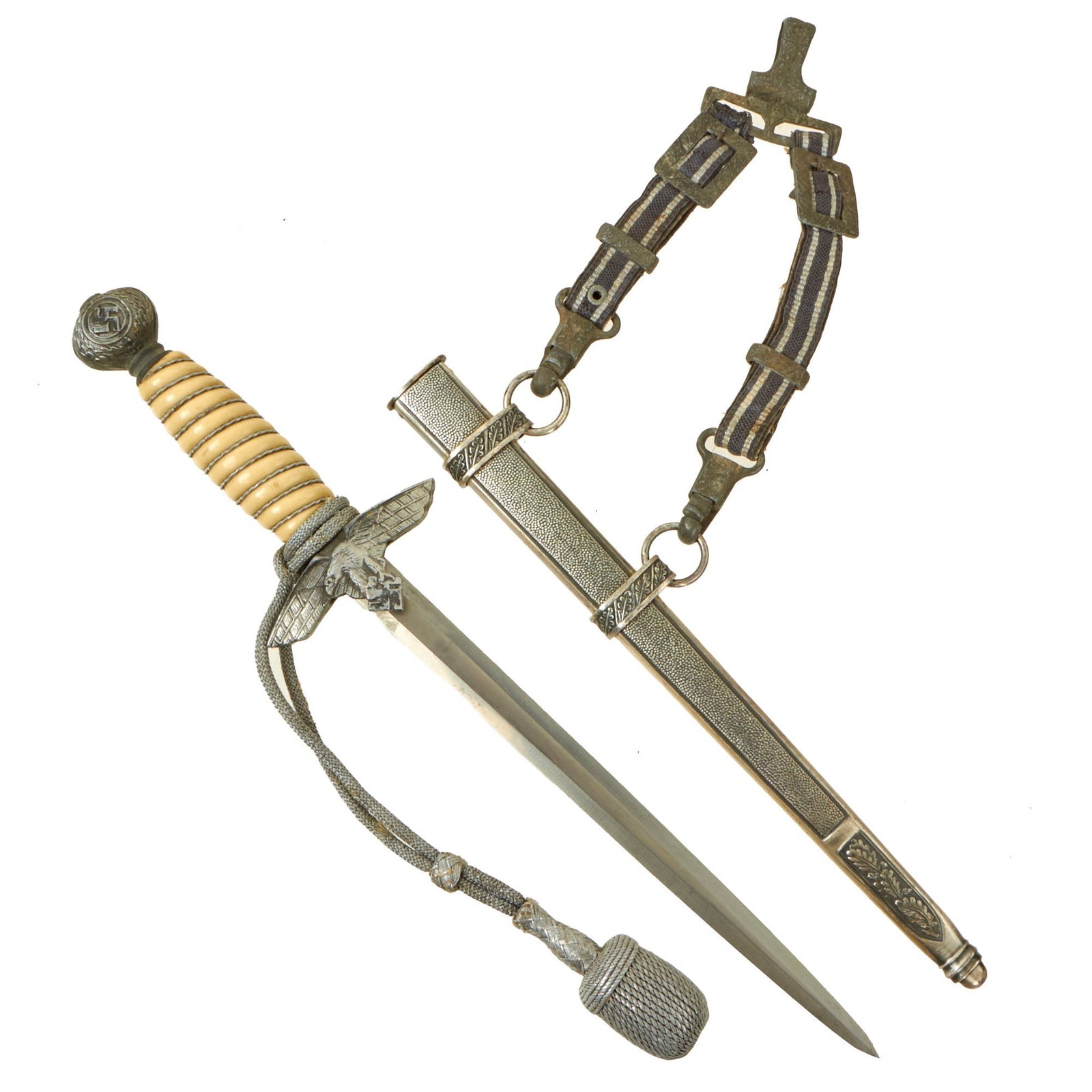 Buy Original WWII German 2nd Model Luftwaffe Dagger with Scabbard, Hanger & Portepee - Unmarked Blade | Original Firearms Antique For Sale