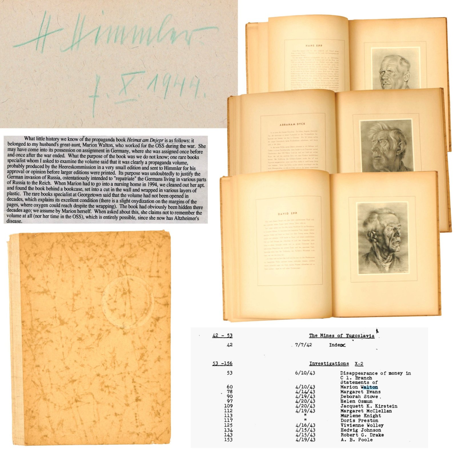 Buy Original German WWII Heinrich Himmler Signed Copy of Heimat Am Dnjepr “Home on the Dnieper” Unreleased Propaganda Book Brought Home by OSS Member with Letter of Provenance | Original Firearms Antique For Sale