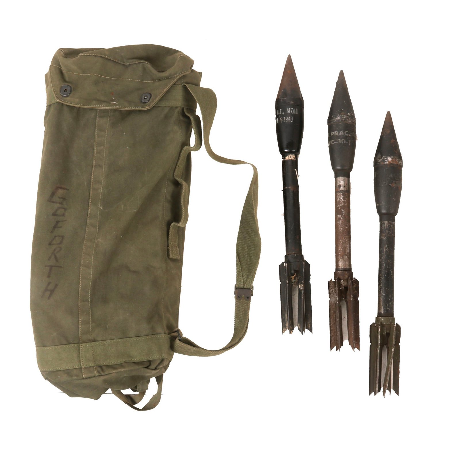 Buy Original U.S. WWII Second Pattern M6 Bazooka Rocket Bag Dated 1945 With (3) Inert 2.36” Rockets | Original Firearms Antique For Sale