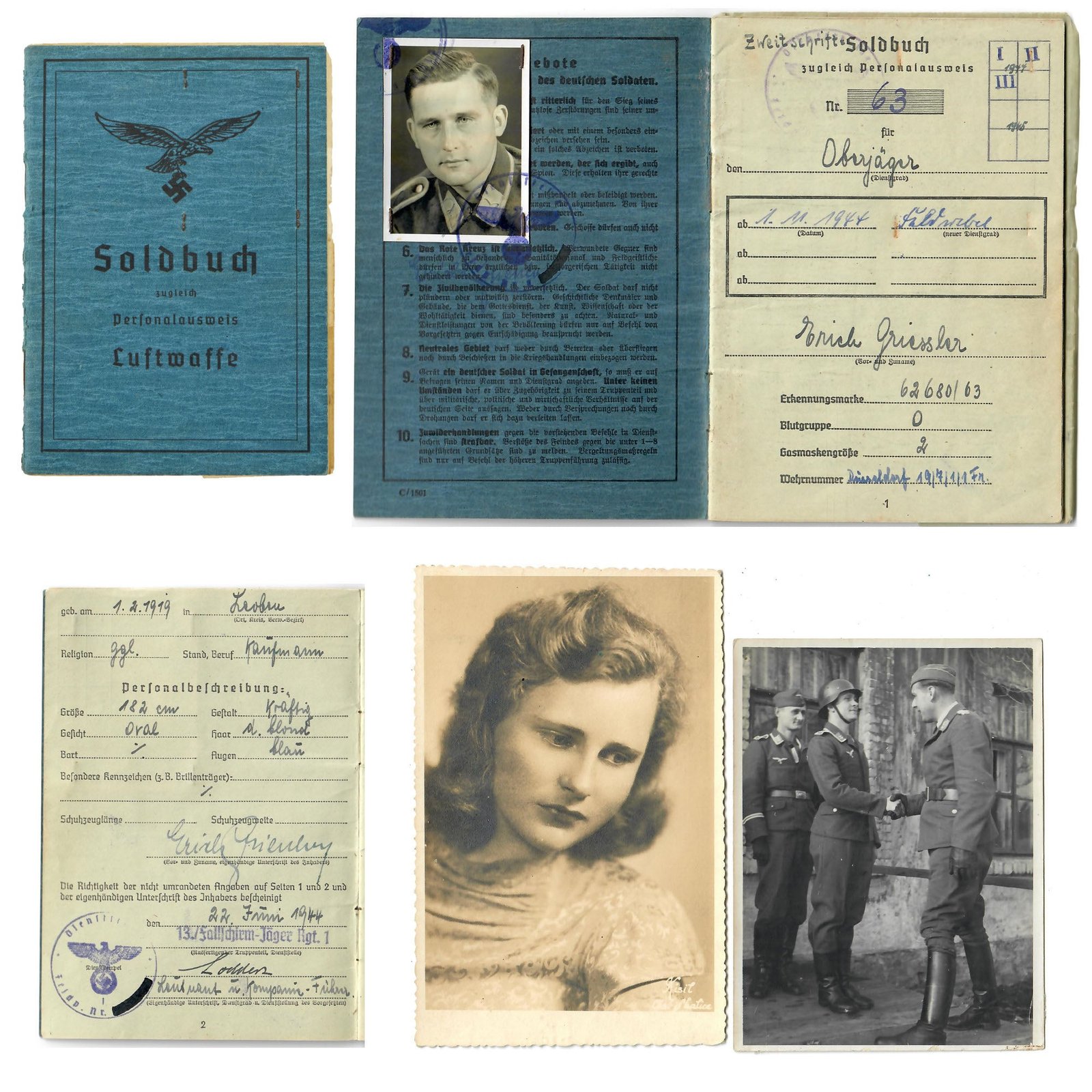 Buy Original German WWII Luftwaffe Fallschirmjäger Paratrooper Soldbuch ID & Pay Book with Photos - USGI Captured in Po Valley April 1945 | Original Firearms Antique For Sale