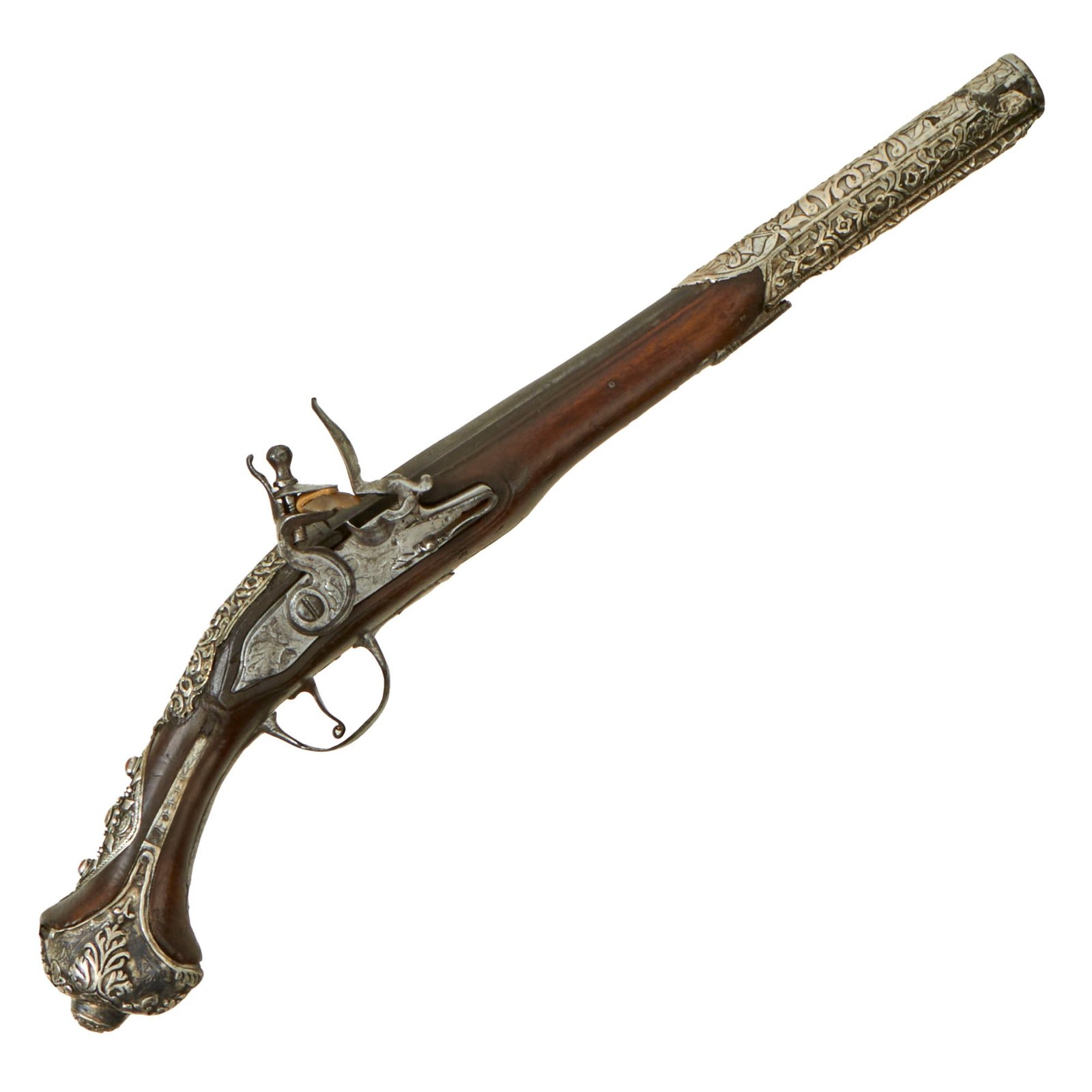 Buy Original Early 19th Century Ottoman Flintlock Holster Pistol with Embossed Silver Butt Decorations & Coral Inlays - circa 1800 | Original Firearms Antique For Sale