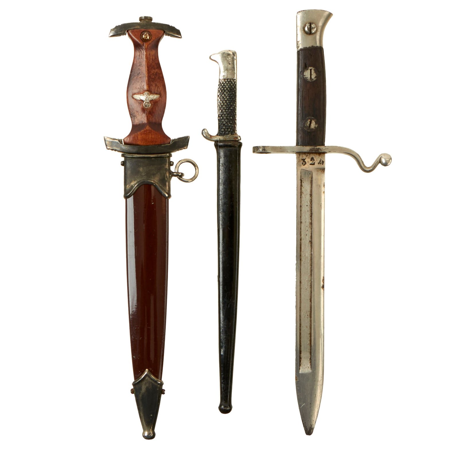 Buy Original German WWII - Post War Set of Three Miniature "Salesman's Sample" Edged Weapons - SA Dagger and Two Bayonets | Original Firearms Antique For Sale