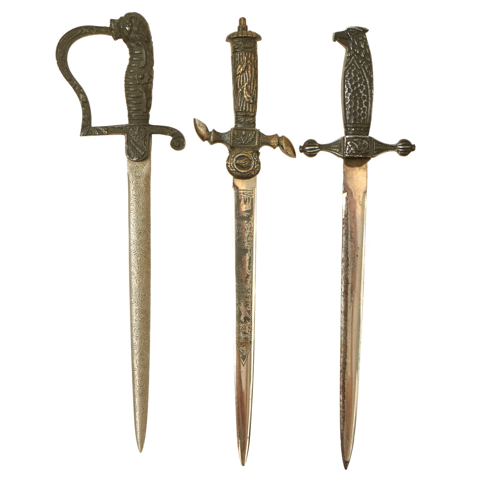 Buy Original German Post-WWII Set of Three Miniature "Salesman's Sample" Edged Weapons - Hirschfänger, Navy Dagger, and Lion’s Head | Original Firearms Antique For Sale