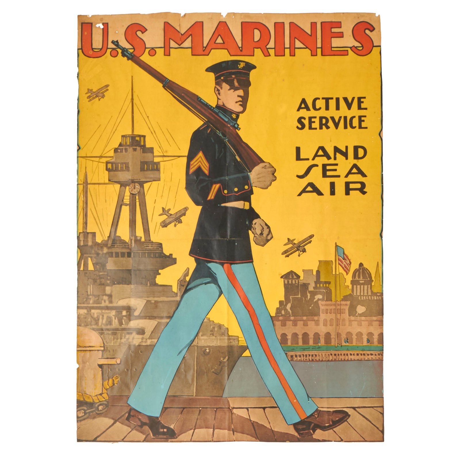 Buy Original U.S. Pre-WWII Marine Enlistment Poster - Active Service - Land Sea Air - 23 ¾" × 31 ½" | Original Firearms Antique For Sale