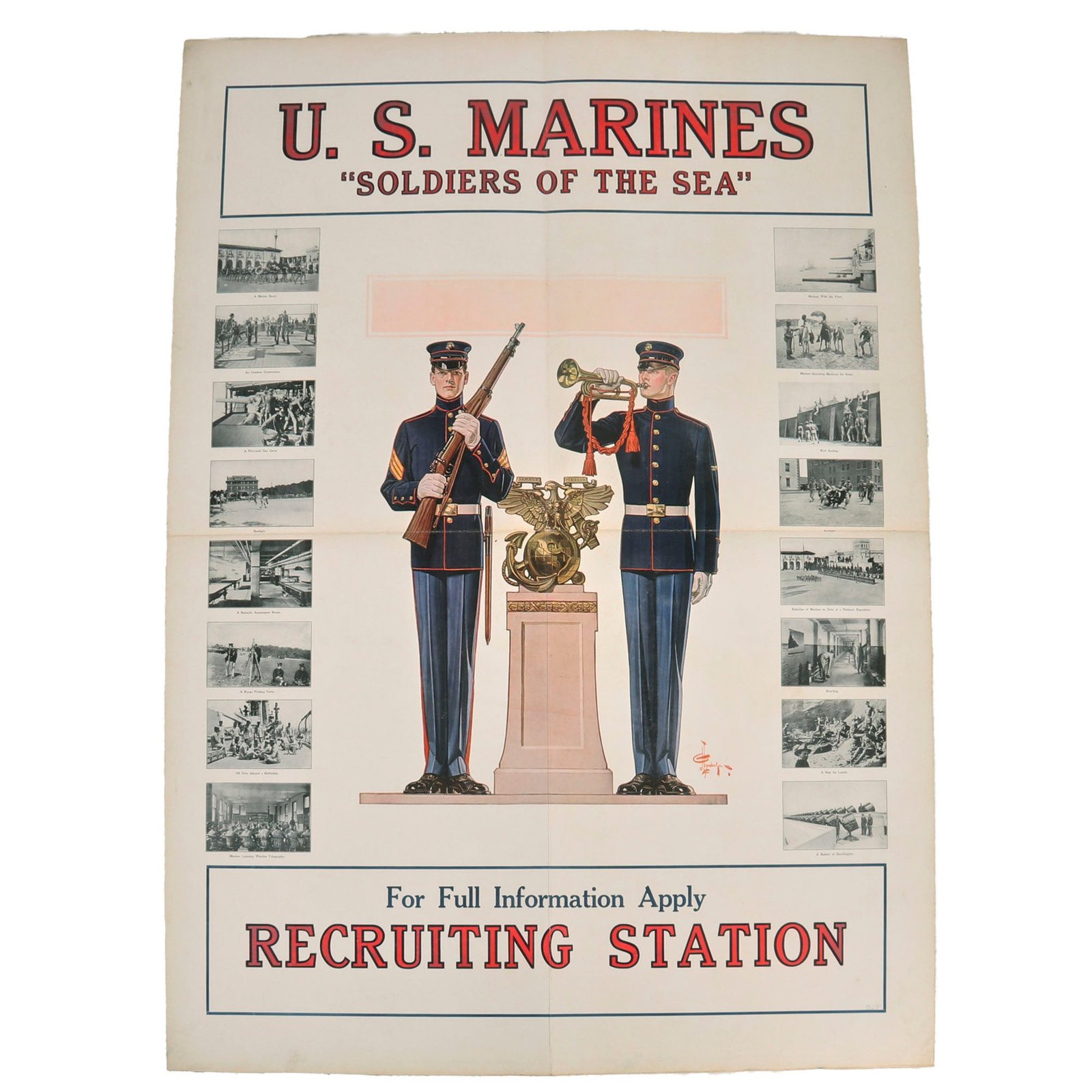 Buy Original U.S. Pre-WWI United States Marine Corps “Soldiers of the Sea” Recruitment Poster Featuring Artwork By German Born Illustrator JC Leyendecker - 40” x 30” | Original Firearms Antique For Sale