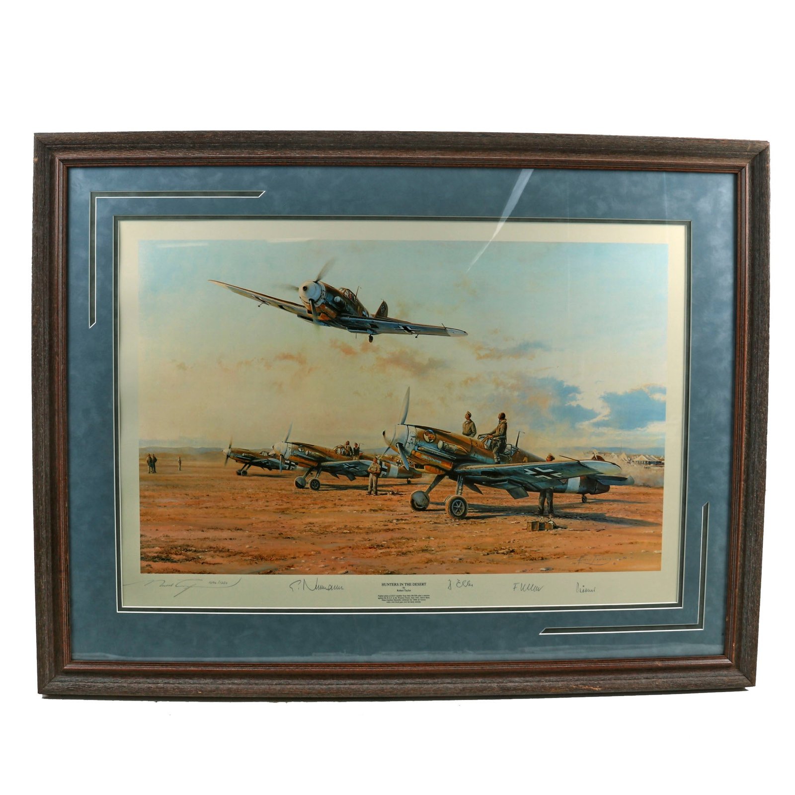 Buy Original Artwork Print: “Hunters in the Desert” Painting of Hans-Joachim Marseille Returning From 100th Aerial Victory; Signed by German JG-52 Pilots - 39” x 30”, in Museum Grade Frame | Original Firearms Antique For Sale