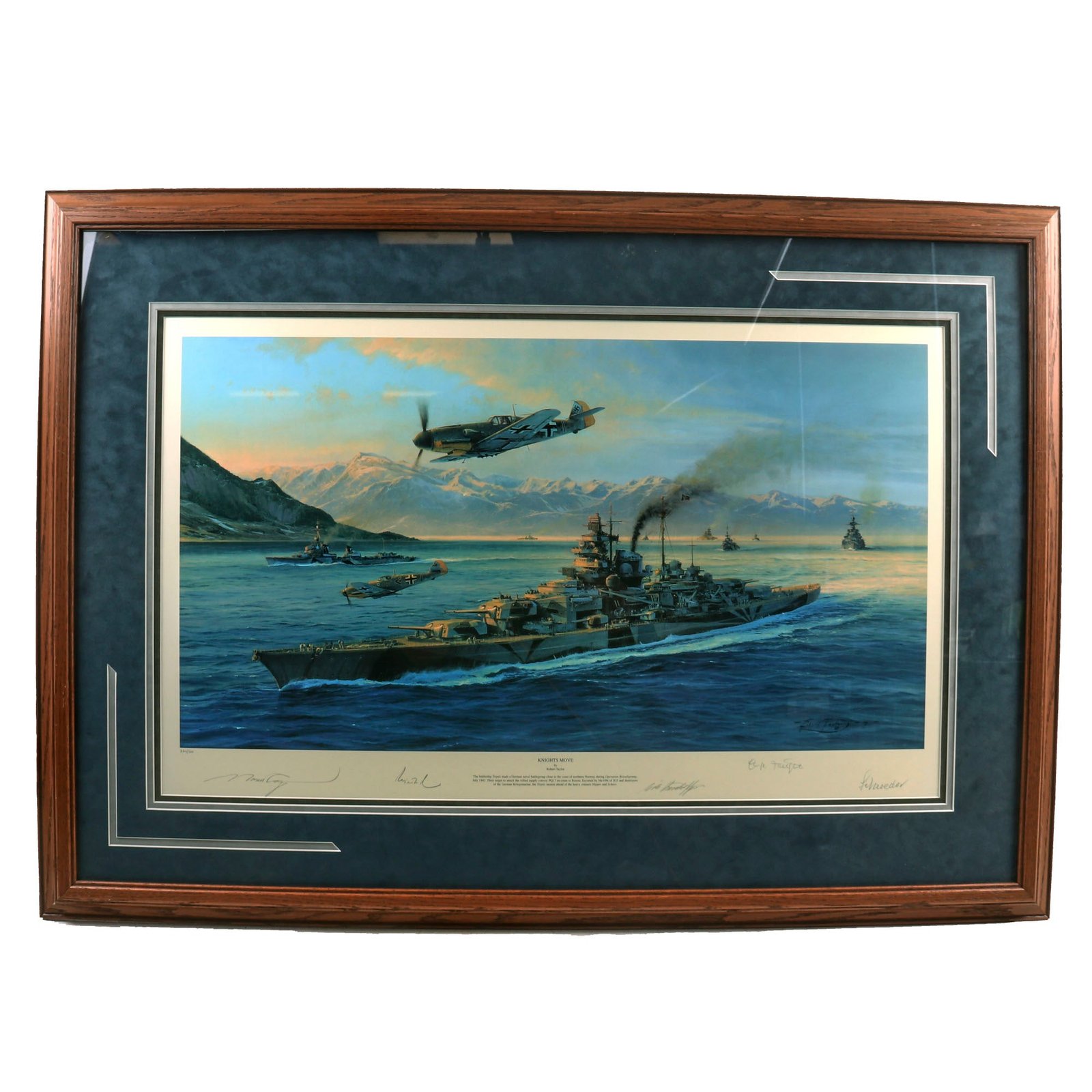Buy Original Artwork Print: “Knights Move” Painting of The Battleship Tirpitz during Operation Rösselsprung; Signed by Artist and WWII German Kriegsmarine Officers - 42” x 29”, in Museum Grade Frame | Original Firearms Antique For Sale