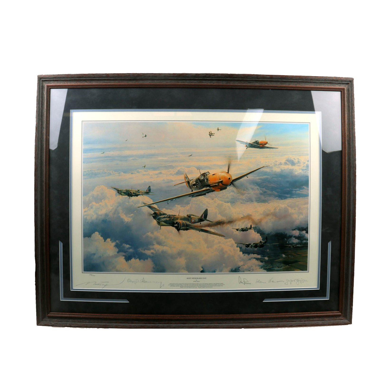 Buy Original Artwork Print: “Most Memorable Day” Painting of German Luftwaffe JG26 Fighters Engaging RAF; Signed by Artist and 4 German Flying Aces - 38" x 30", in Museum Grade Frame | Original Firearms Antique For Sale