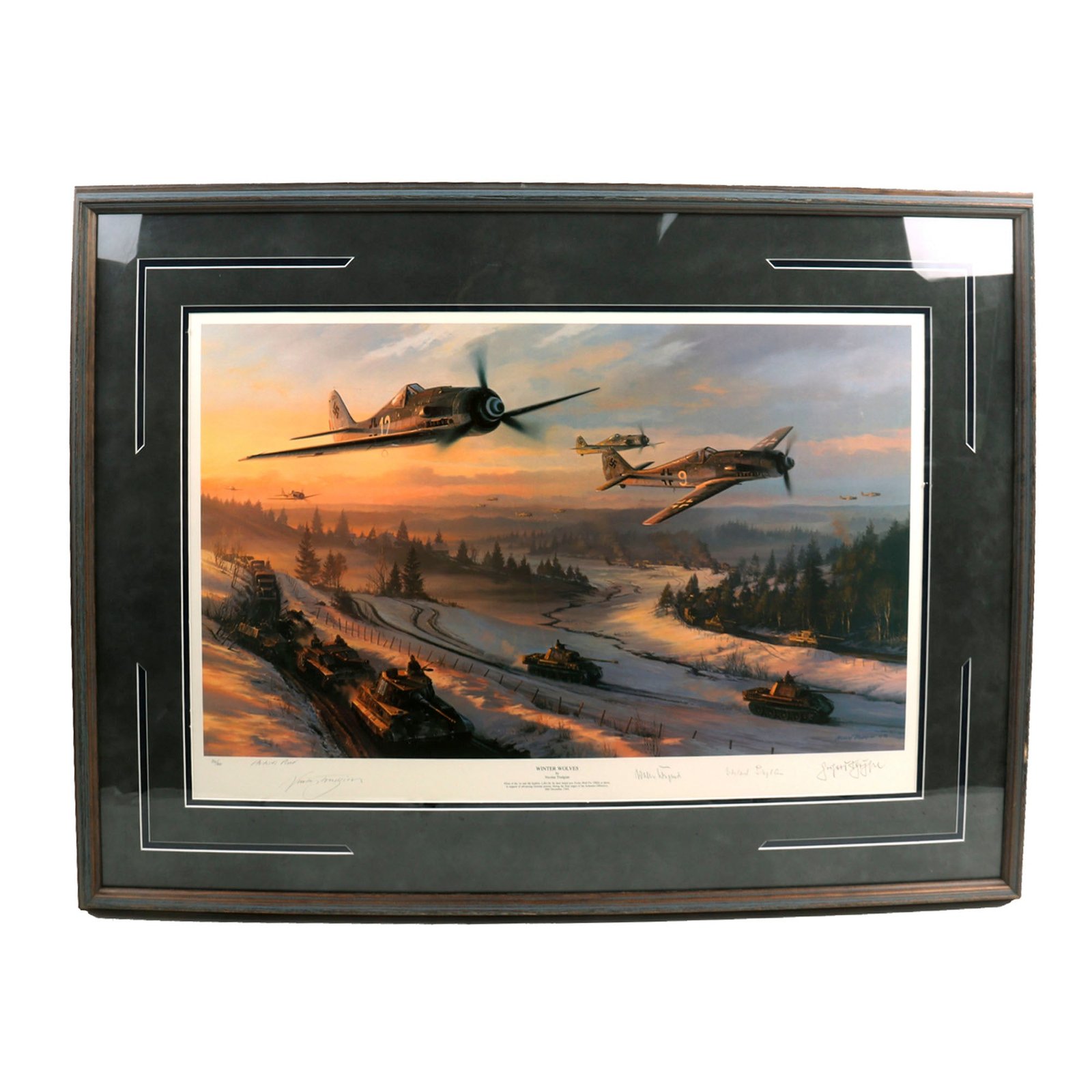 Buy Original Artist's Proof: “Winter Wolves” Painting of German Luftwaffe Fw190Ds of JG26 Flying By Panzer Column; Signed by Artist, 3 German Knight's Cross Recipients - 37" x 27 ½", in Museum Grade Frame | Original Firearms Antique For Sale