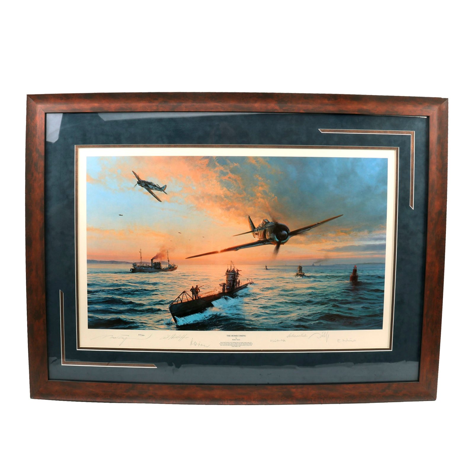 Buy Original Artwork Print: “The Homecoming” Painting of German Luftwaffe Fw190s of JG2 Flying By U-boats; Signed by Artist, 3 German Submariners & 3 German Pilots - 39" x 28", in Museum Grade Frame | Original Firearms Antique For Sale