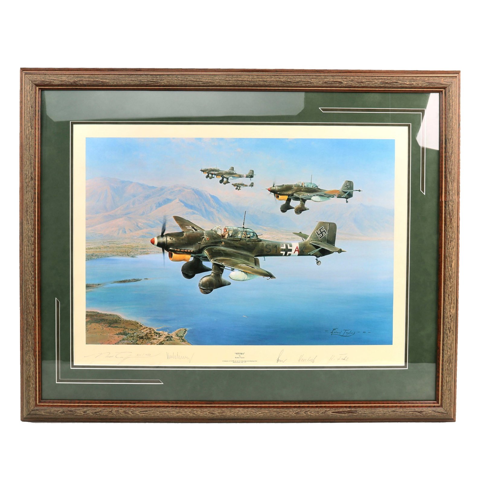 Buy Original Artwork Print: “Stuka” Painting of German Luftwaffe Junkers Ju 87R Dive Bombers; Signed by Artist and 4 German Stuka Pilots - 37 ½" x 29 ½", in Museum Grade Frame | Original Firearms Antique For Sale