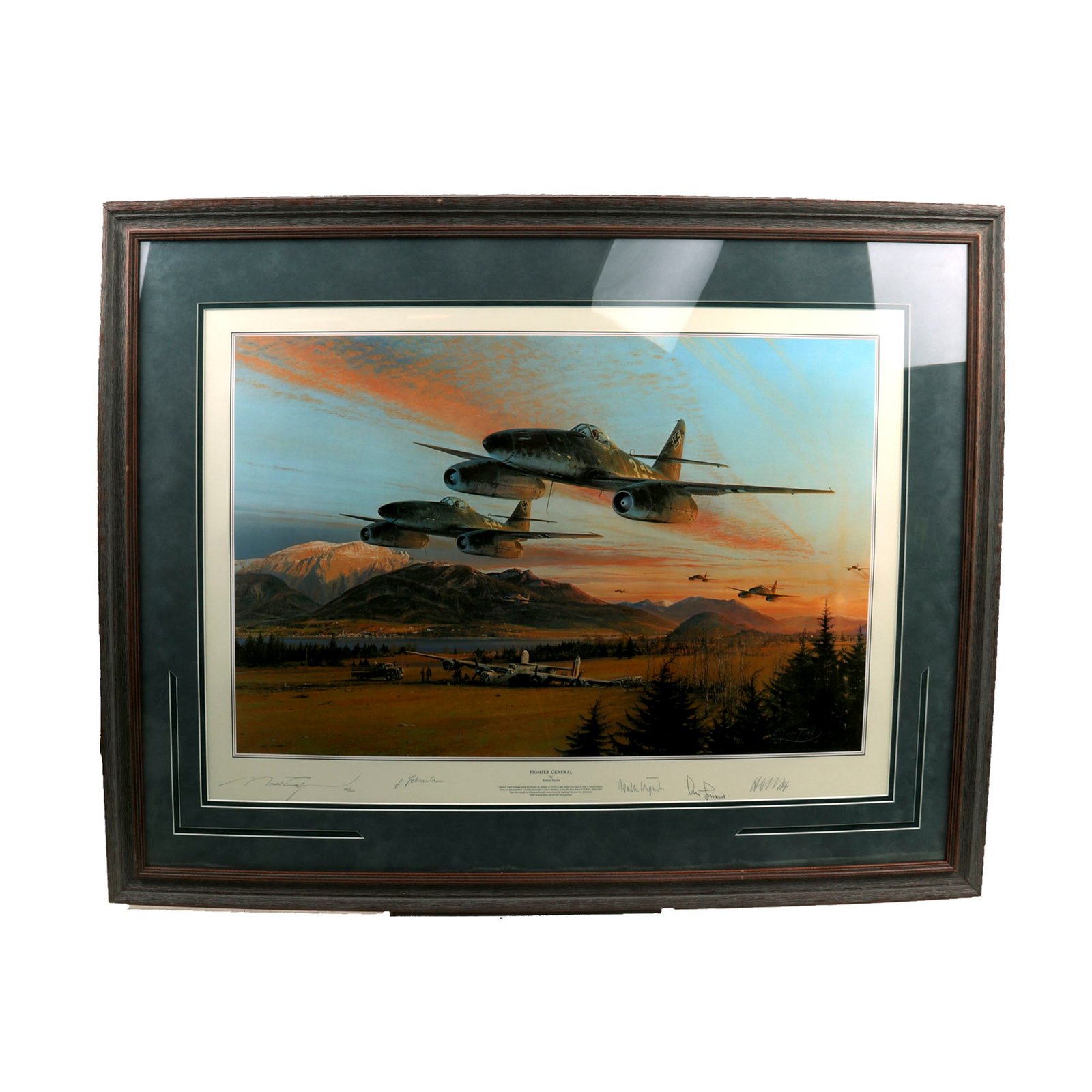 Buy Original Artwork Print: “Fighter General” Painting of German Luftwaffe JV44 Fighters over Downed B-24; Signed by Artist and 4 German Flying Aces - 38" x 30", in Museum Grade Frame | Original Firearms Antique For Sale