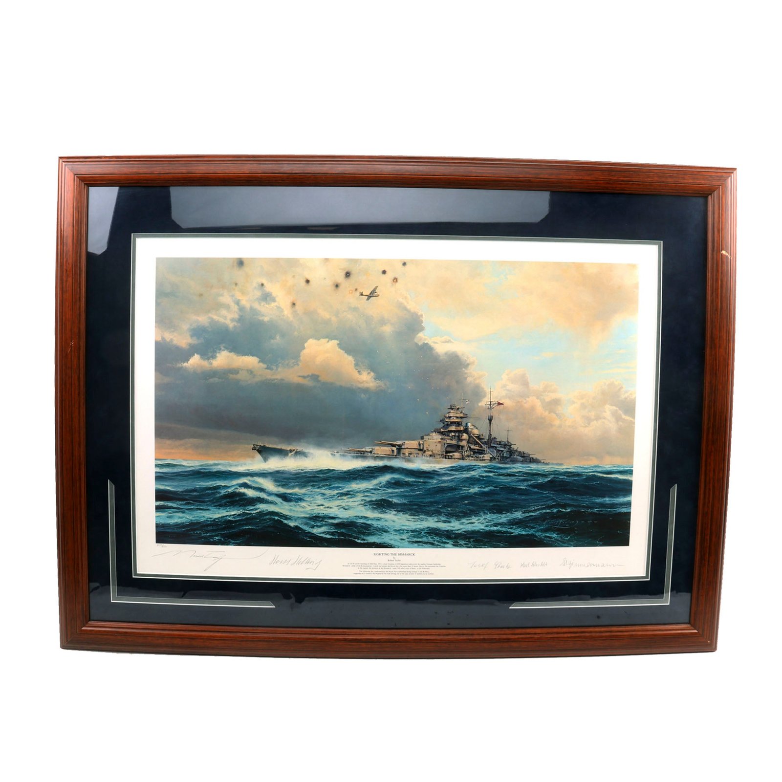 Buy Original Artwork Print: “Sighting the Bismarck” Painting of British Catalina from RAF 209 Squardon over the Battleship; Signed by Artist & 4 Bismarck Survivors - 37" x 28", in Museum Grade Frame | Original Firearms Antique For Sale