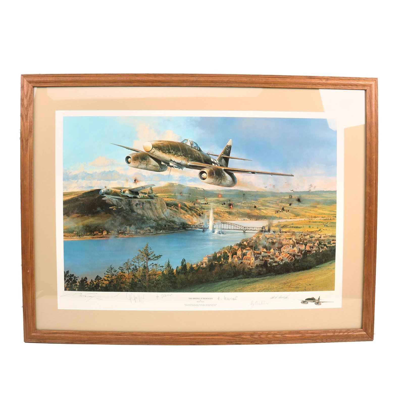 Buy Original Artwork Print: “The Bridge at Remagen” Painting of German Jet Aircraft over Ludendorff Bridge; Signed by Artist and 4 Pilots - 36 ¼" x 27", in Museum Grade Frame | Original Firearms Antique For Sale