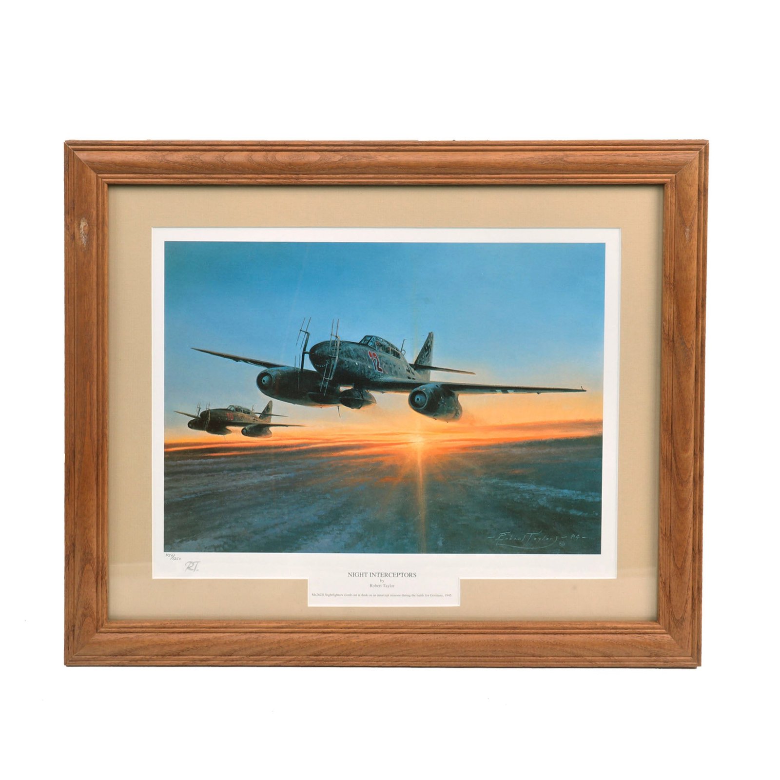 Buy Original Artwork Print: “Night Interceptors” Painting of Messerschmitt Me 262B Night Fighter Aircraft; Signed by Artist - 19" x 15 ½", in Museum Grade Frame | Original Firearms Antique For Sale