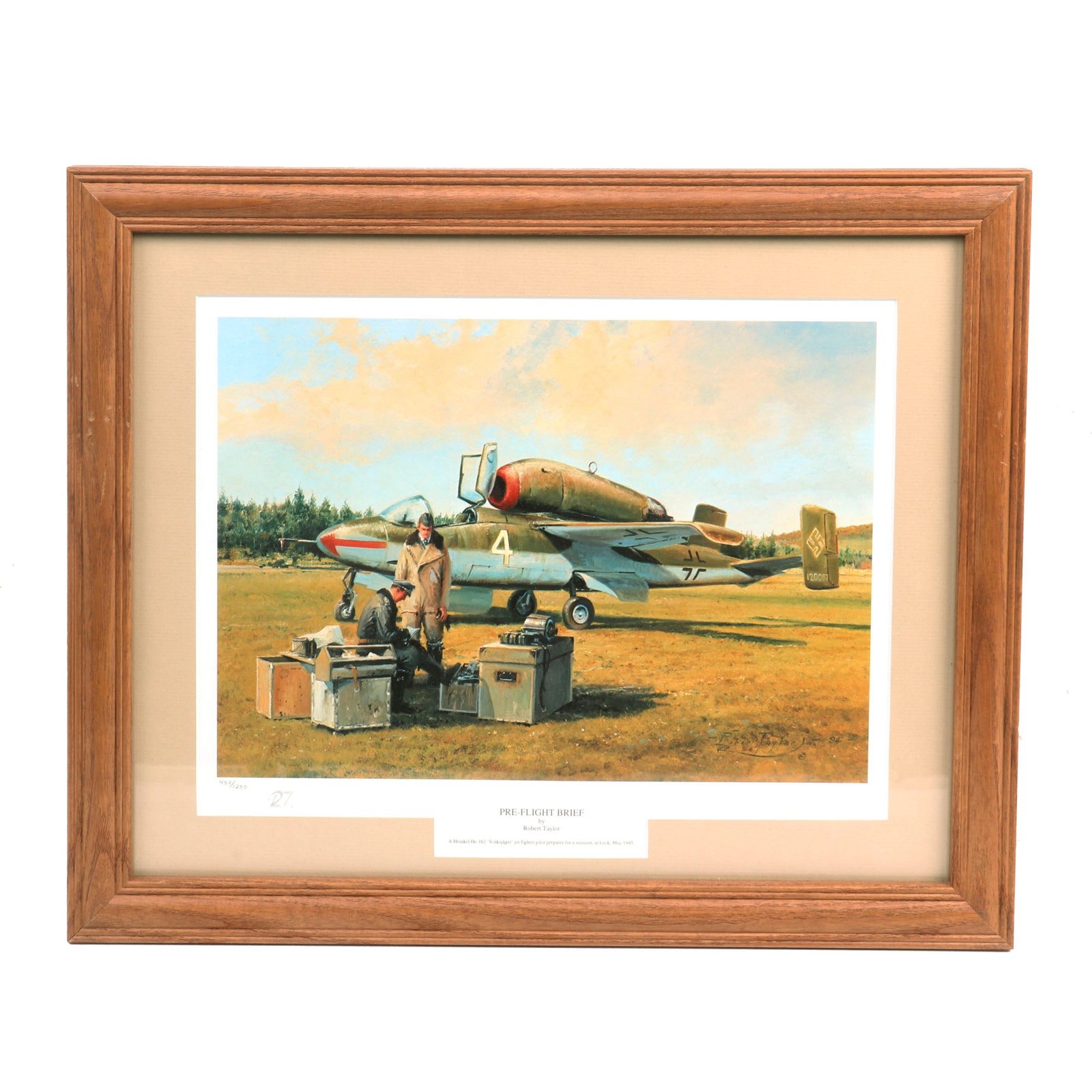 Buy Original Artwork Print: “Pre-Flight Brief” Painting of Heinkel He 162 Volksjäger Pilot Preparing for a Mission; Signed by Artist - 19" x 15 ½", in Museum Grade Frame | Original Firearms Antique For Sale